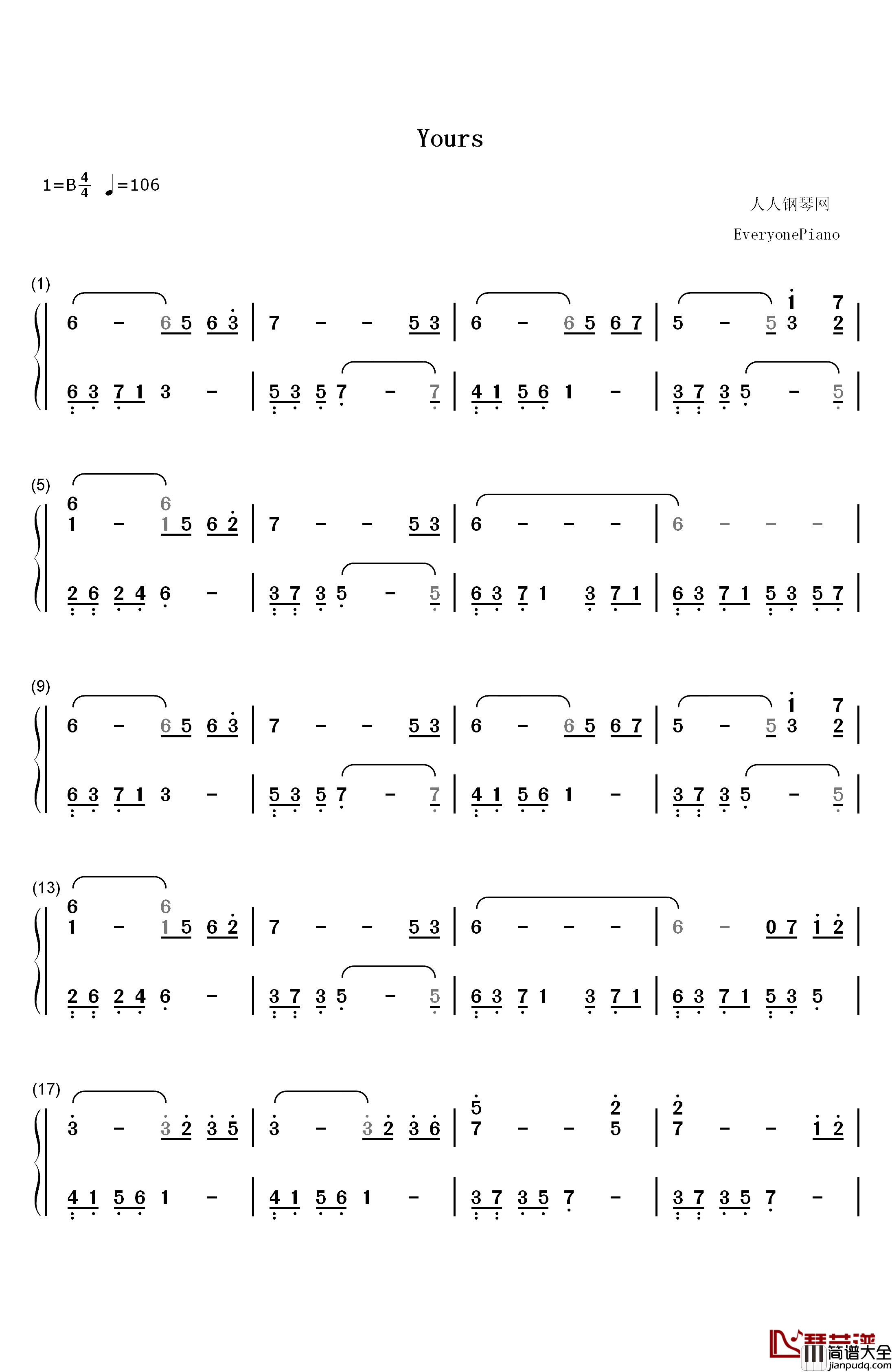 Yours钢琴简谱_数字双手_July