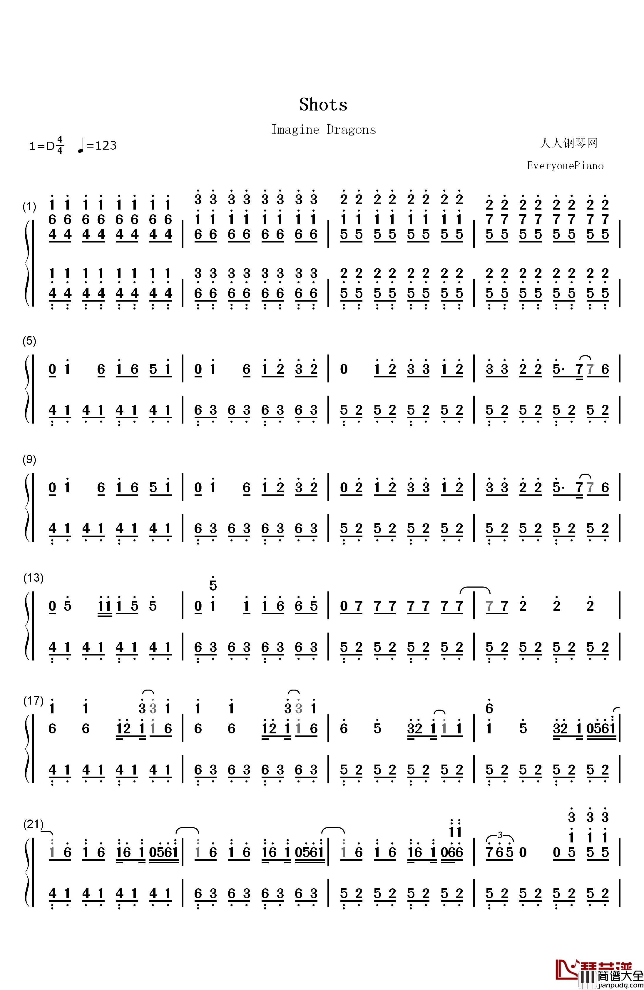 Shots钢琴简谱_数字双手_Imagine_Dragons