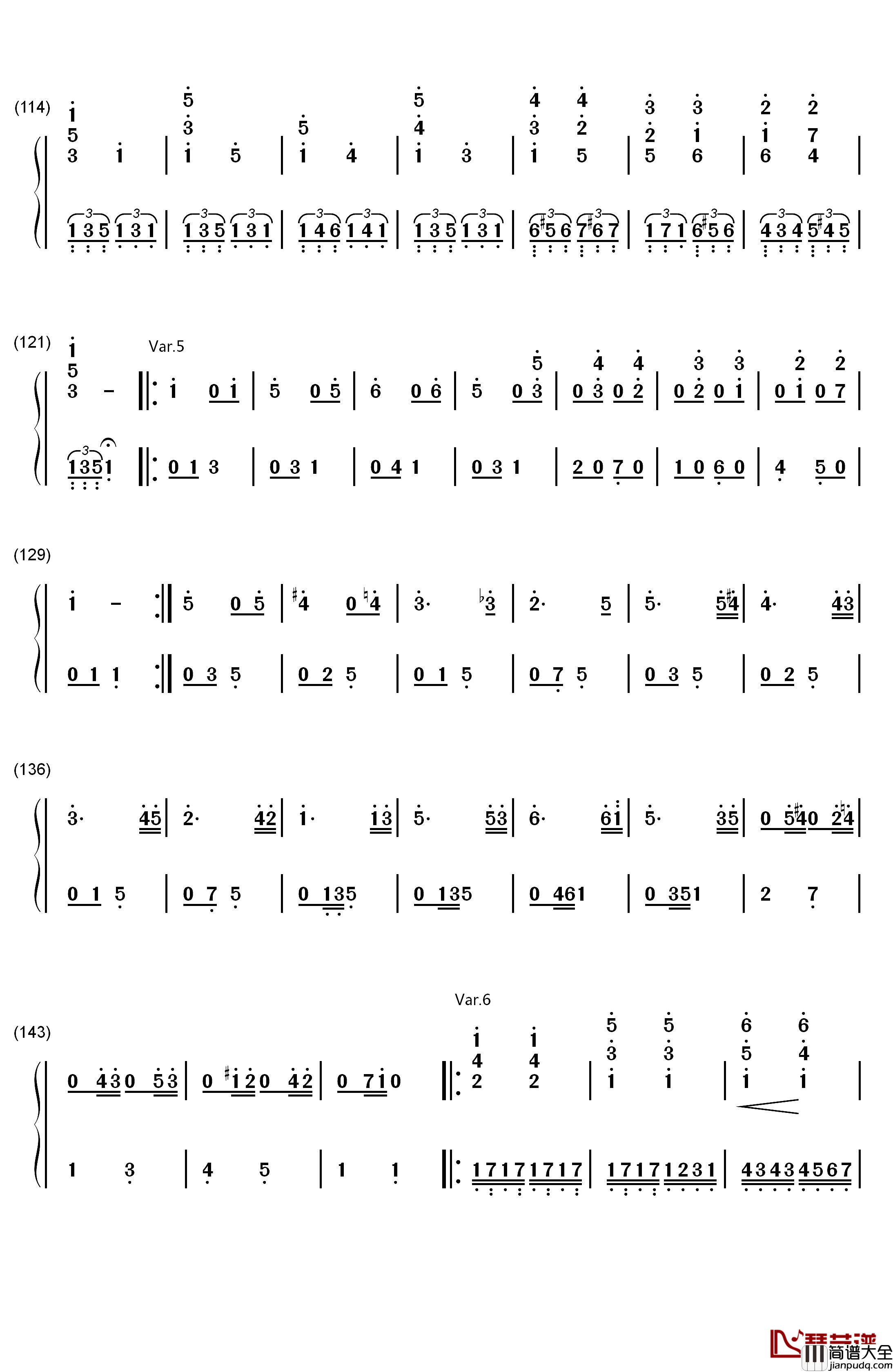 小星星变奏曲钢琴简谱_数字双手_莫扎特