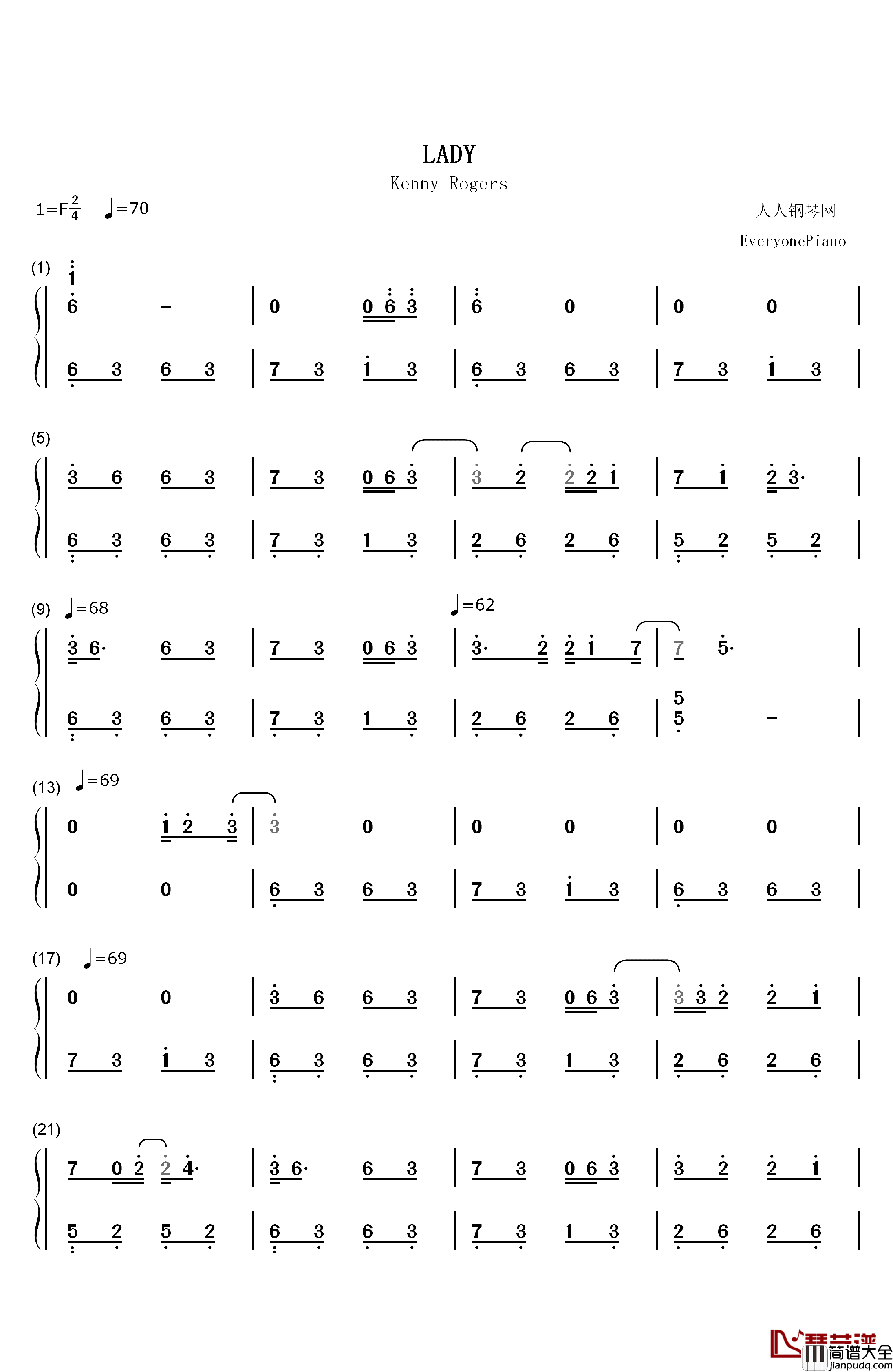 Lady钢琴简谱_数字双手_Kenny_Rogers