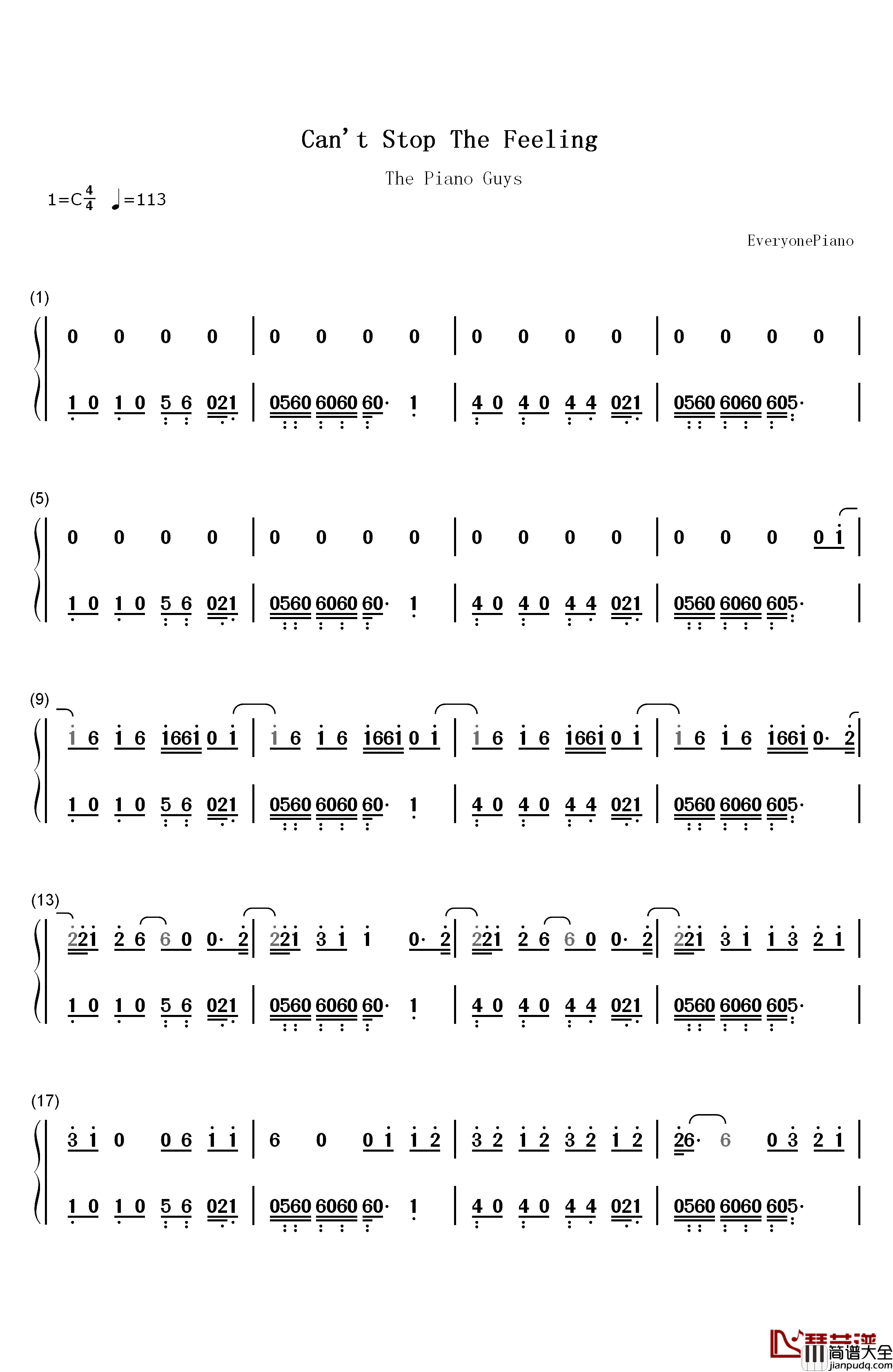 Can't_Stop_The_Feeling钢琴简谱_数字双手_The_Piano_Guys