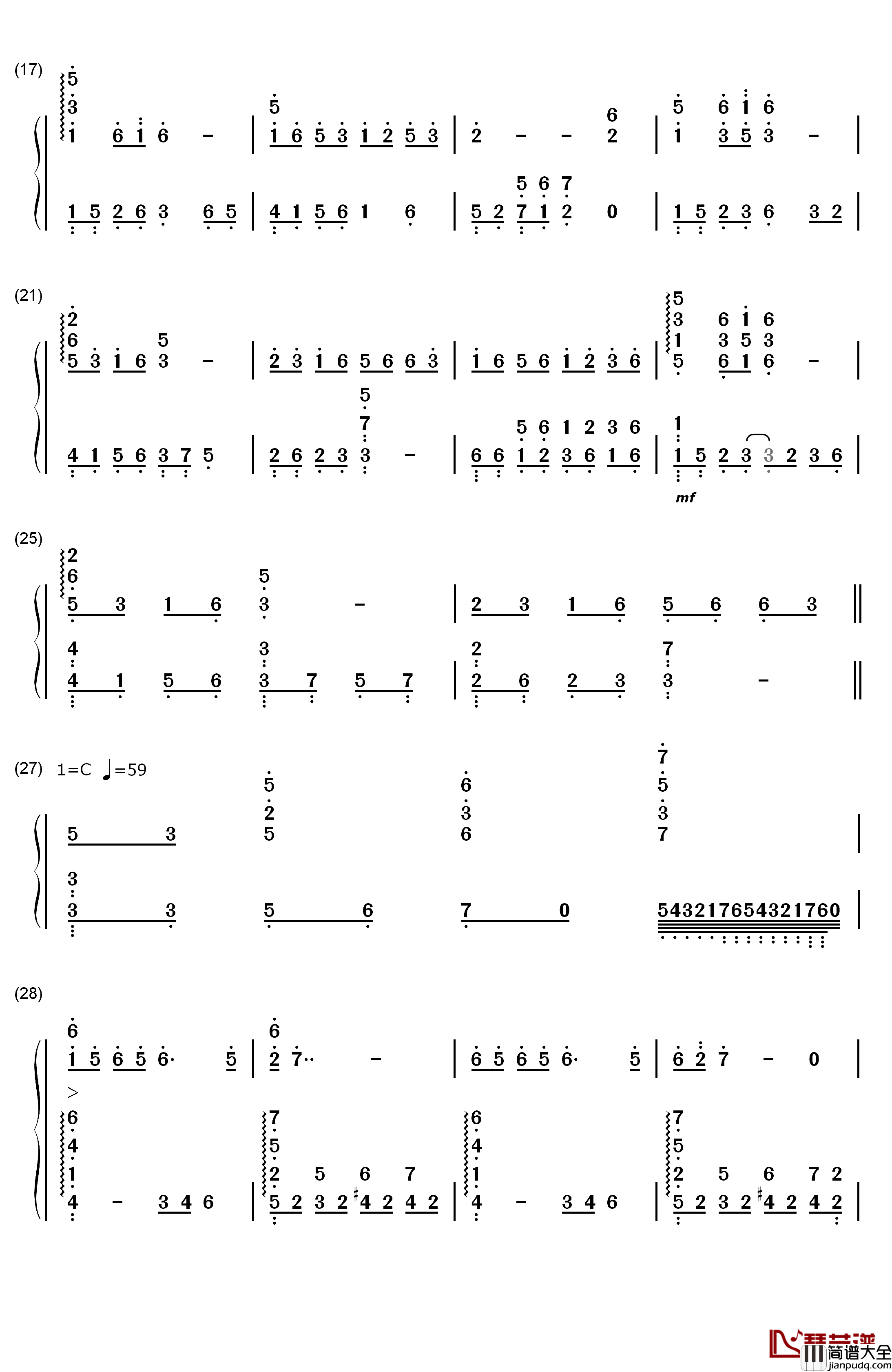 鸿雁钢琴简谱_数字双手_额尔古纳乐队