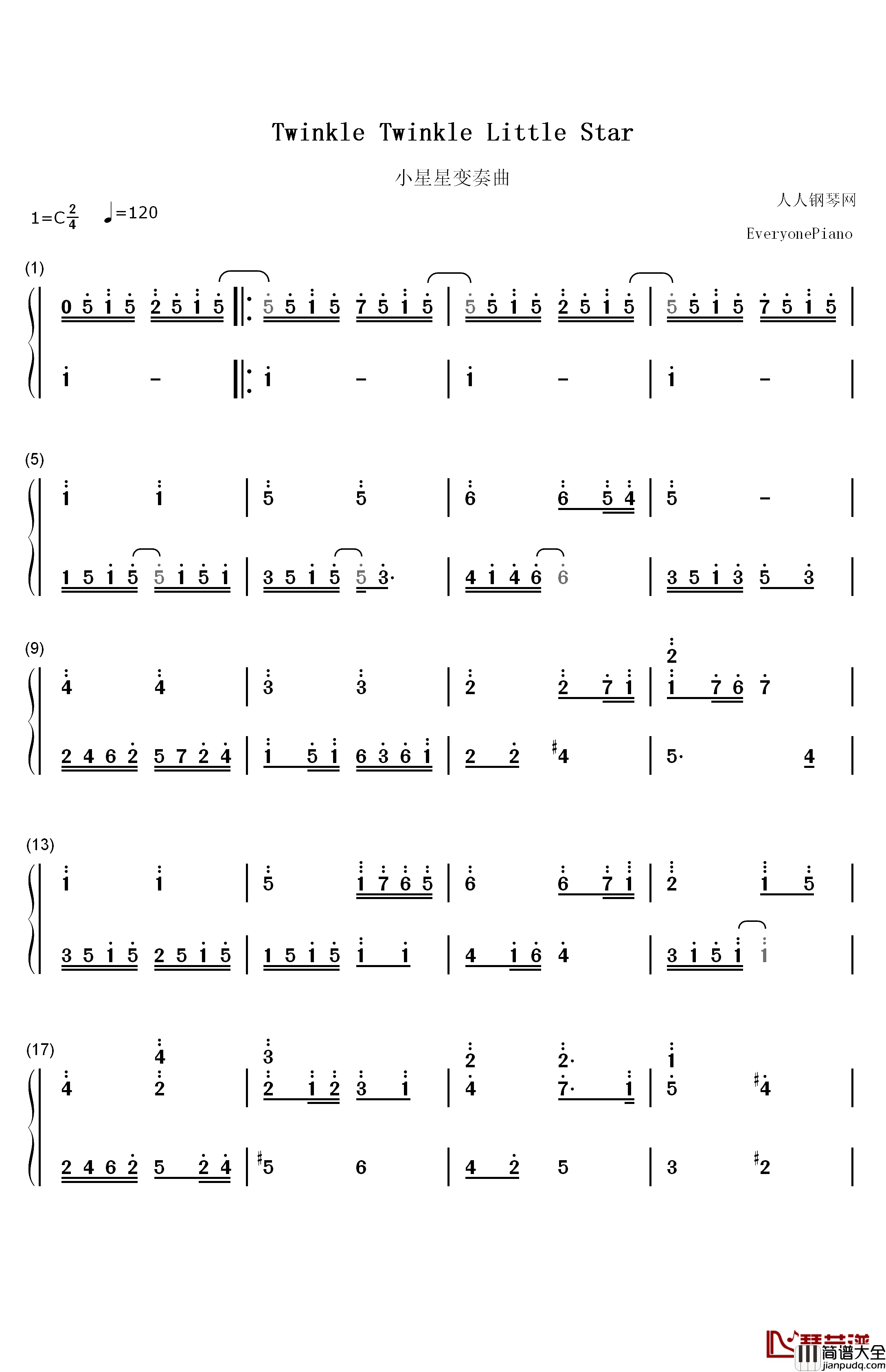 Twinkle_Twinkle_Little_Star钢琴简谱_数字双手_Jewel