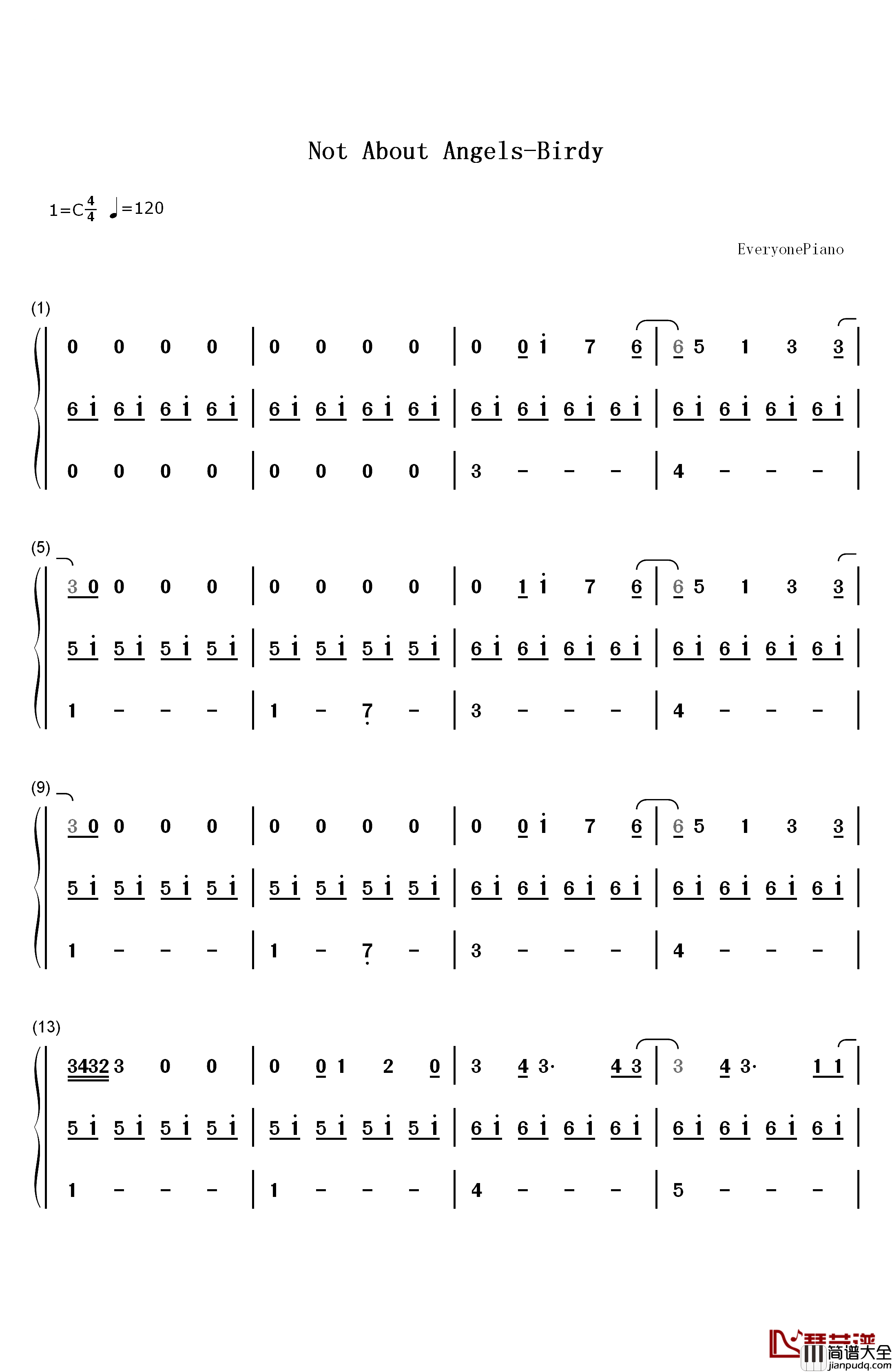 Not_About_Angels钢琴简谱_数字双手_Birdy