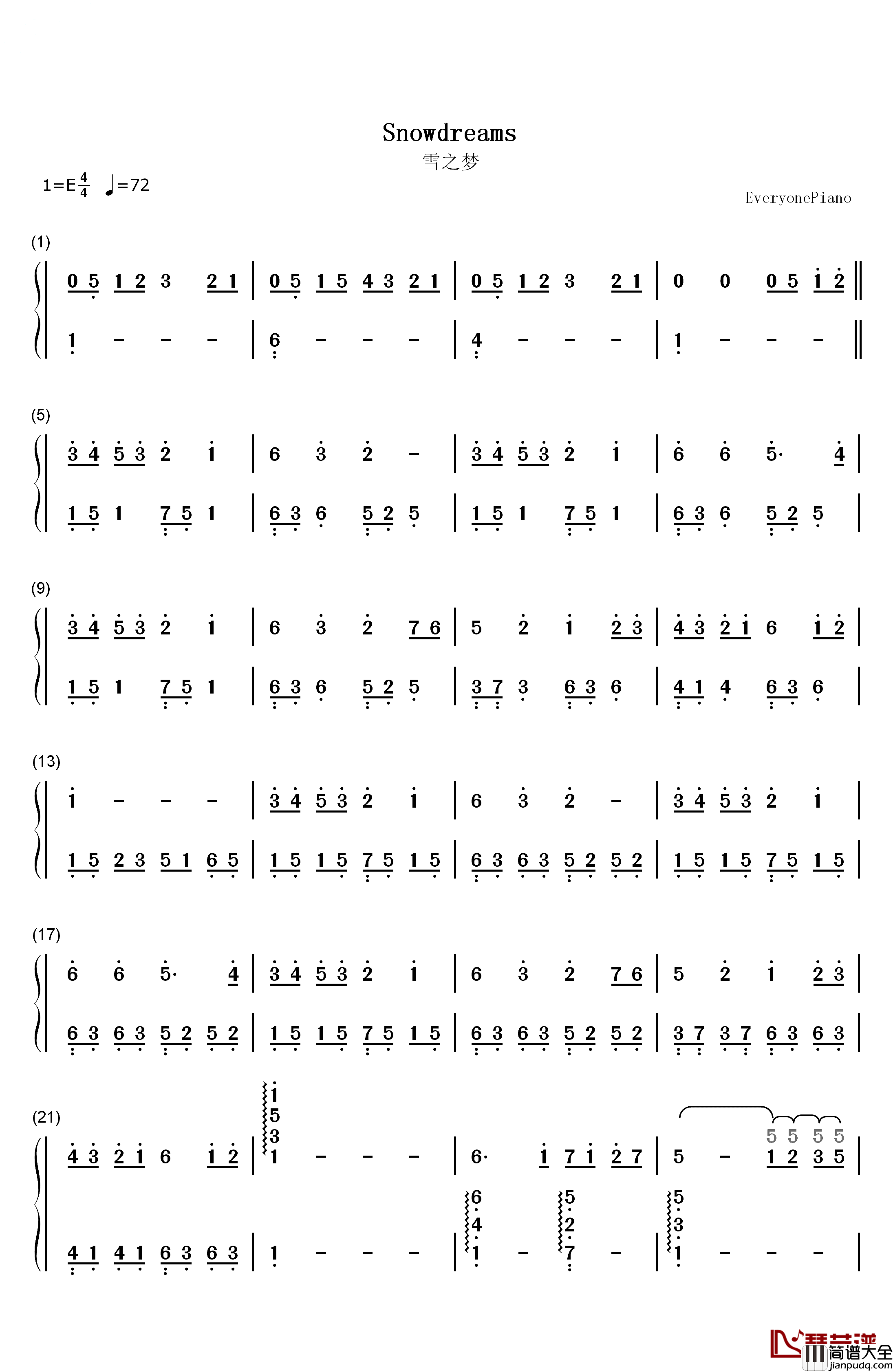 雪之梦钢琴简谱_数字双手_班得瑞_Bandari