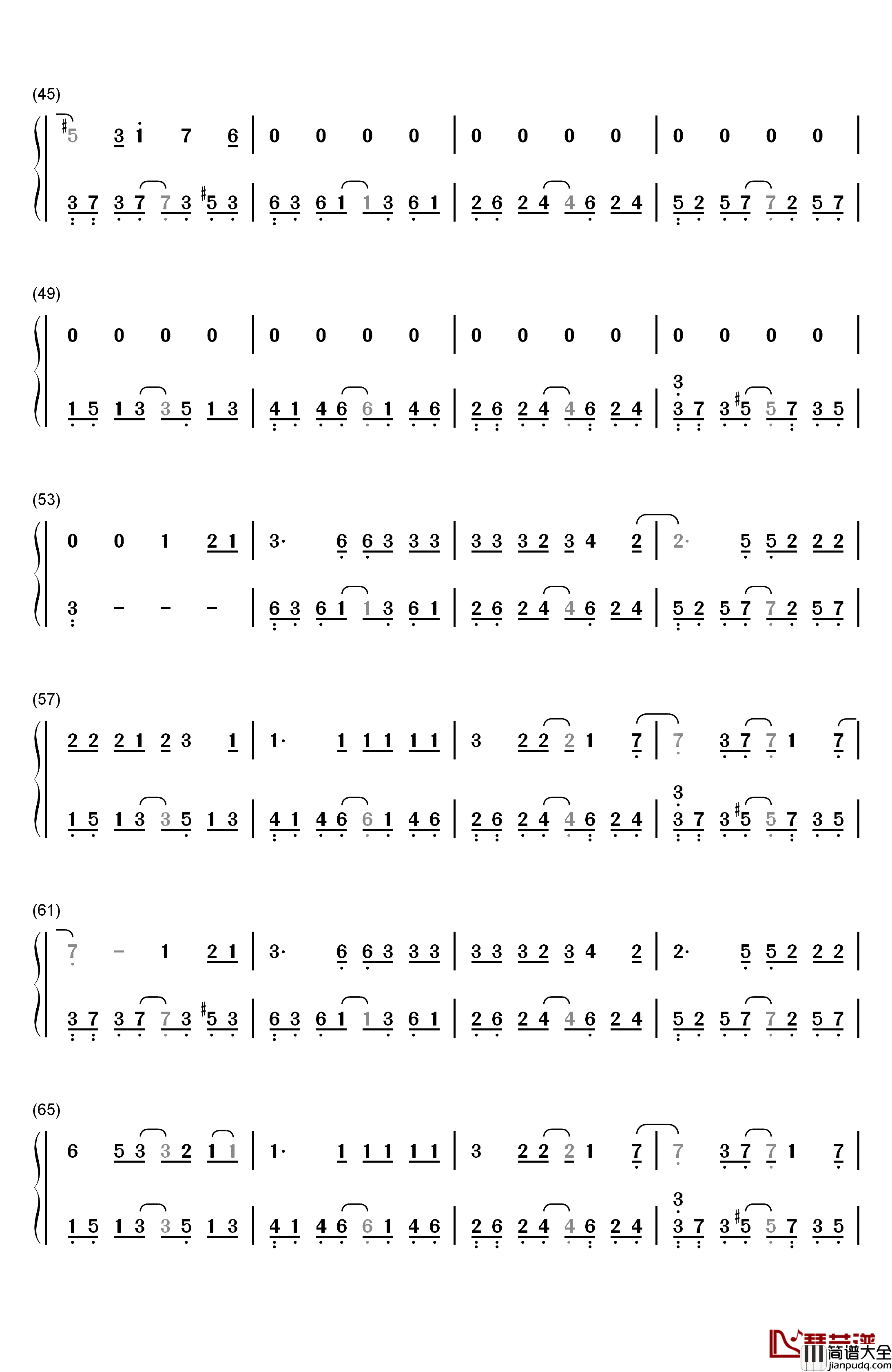 苦笑钢琴简谱_数字双手_汪苏泷
