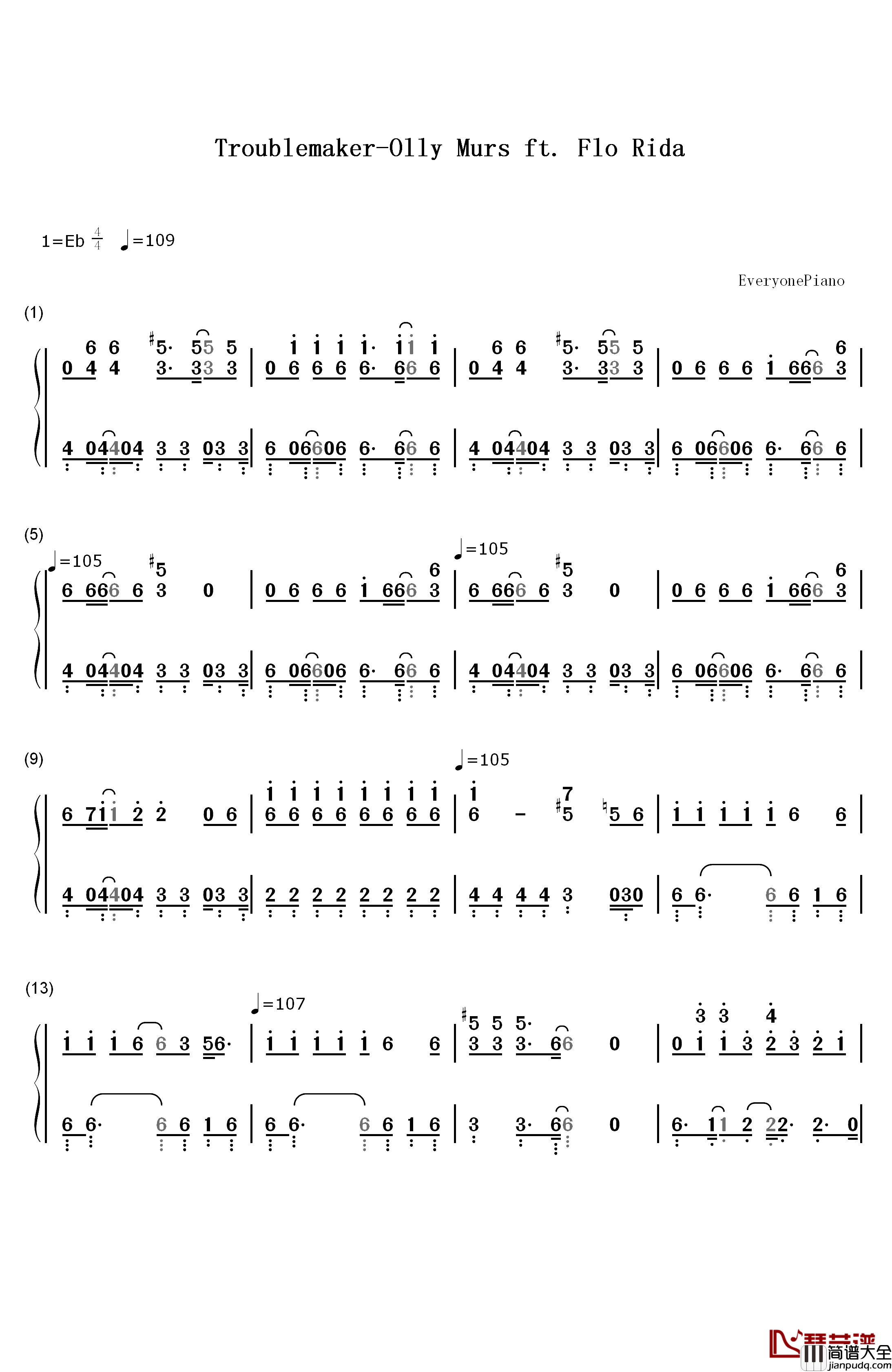 Troublemaker钢琴简谱_数字双手_Olly_Murs_ft._Flo_Rida