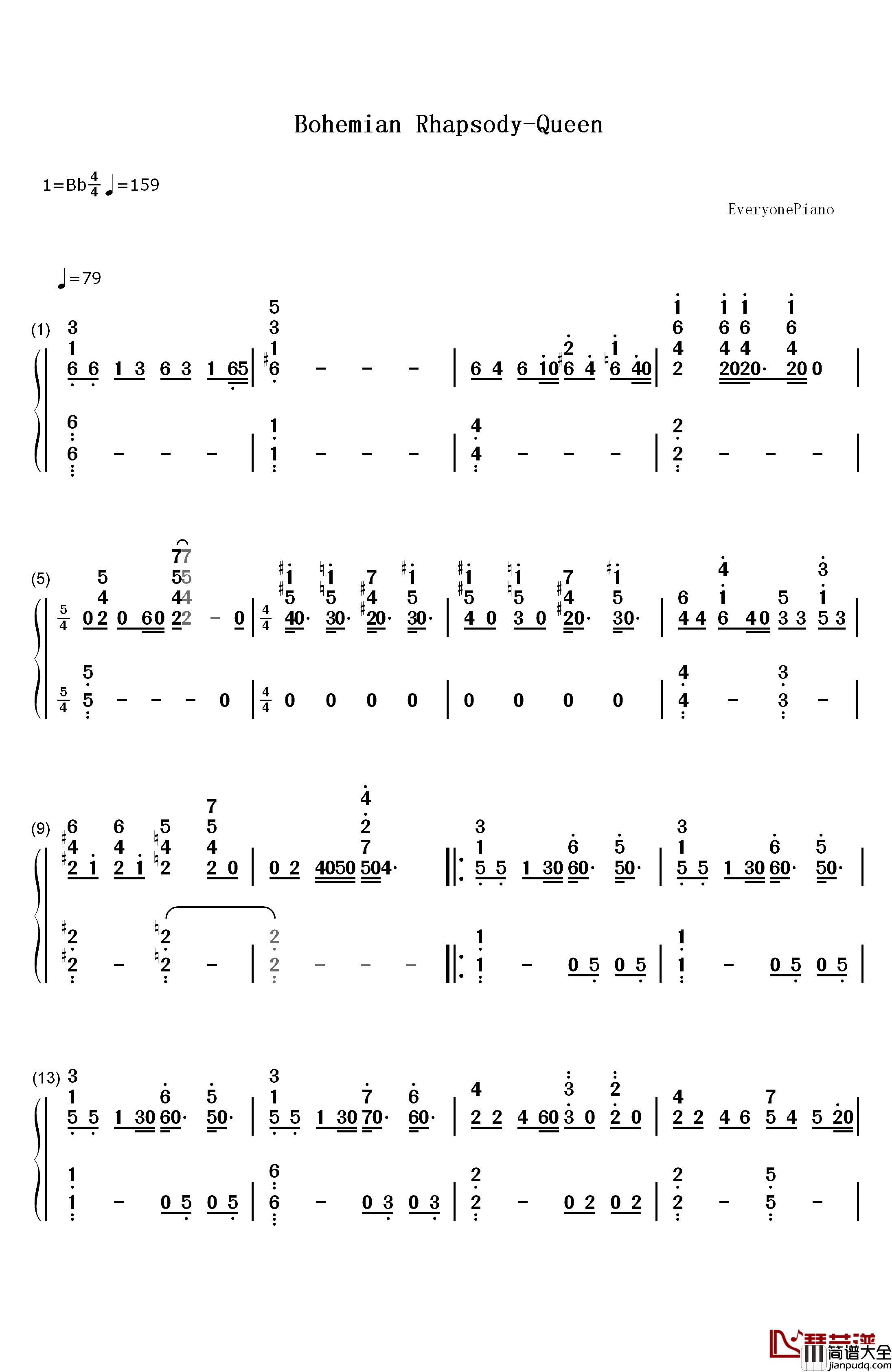 Bohemian_Rhapsody钢琴简谱_数字双手_Queen