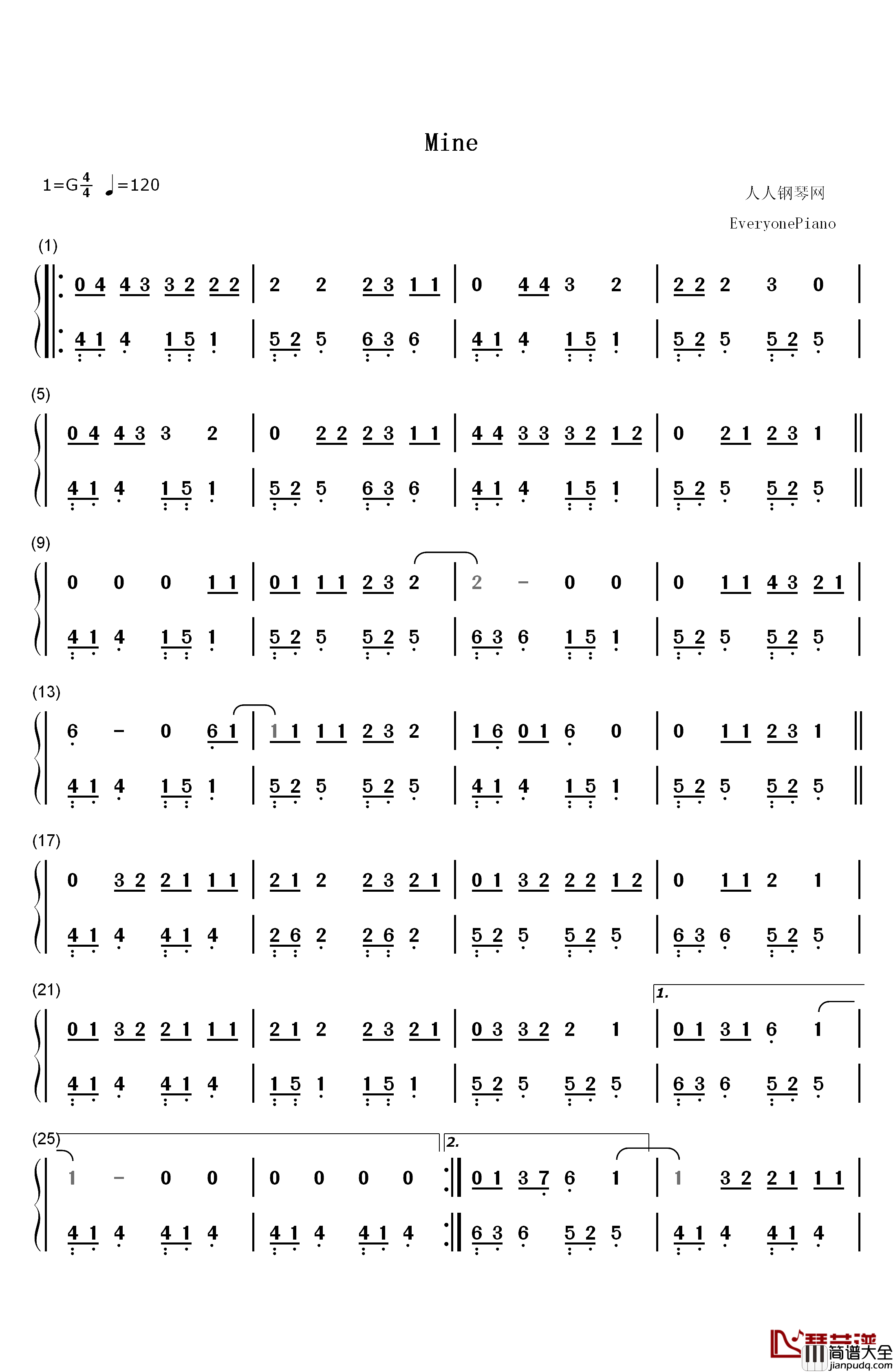 Mine钢琴简谱_数字双手_Taylor_Swift