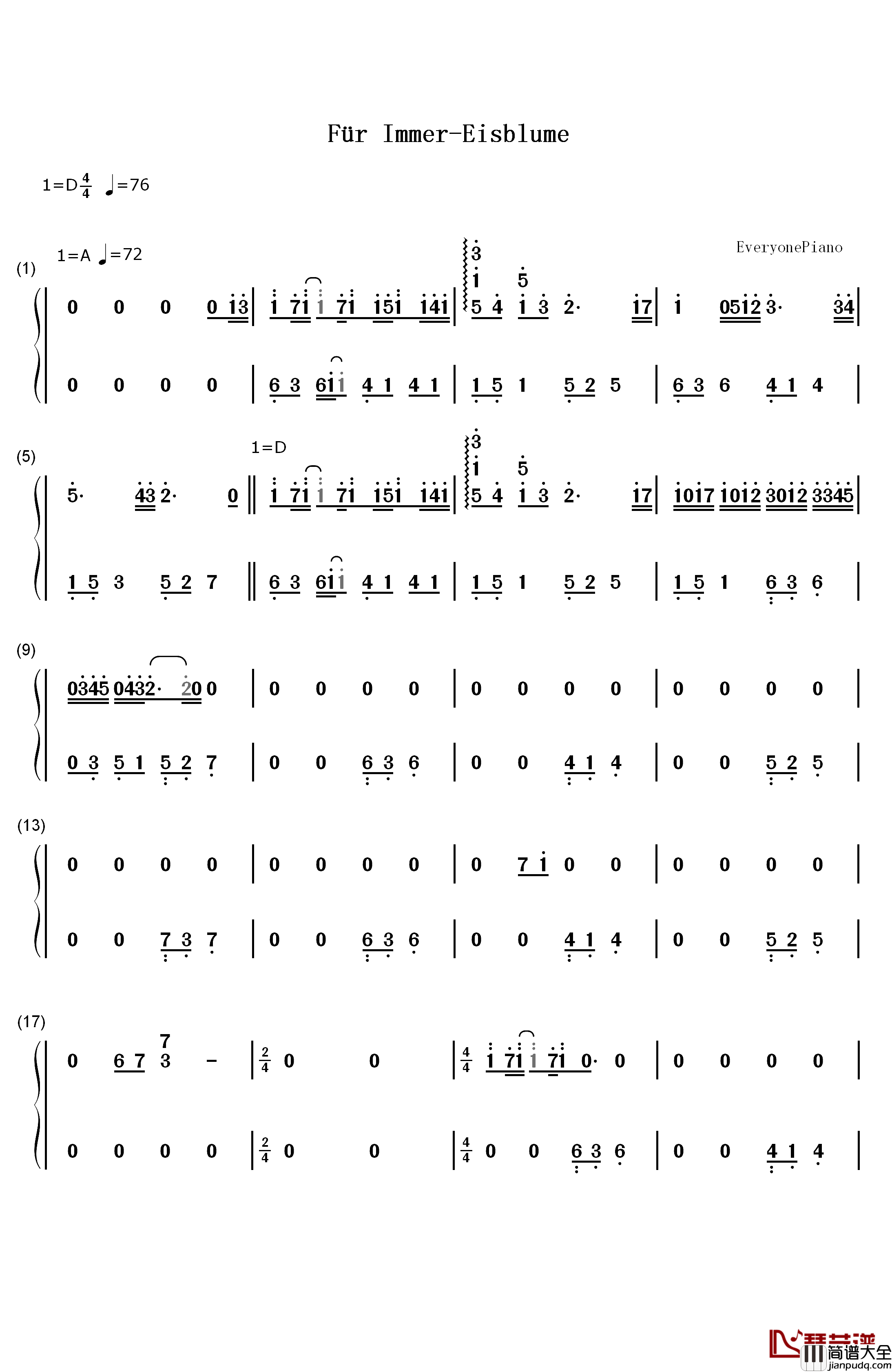 Für_Immer钢琴简谱_数字双手_Eisblume