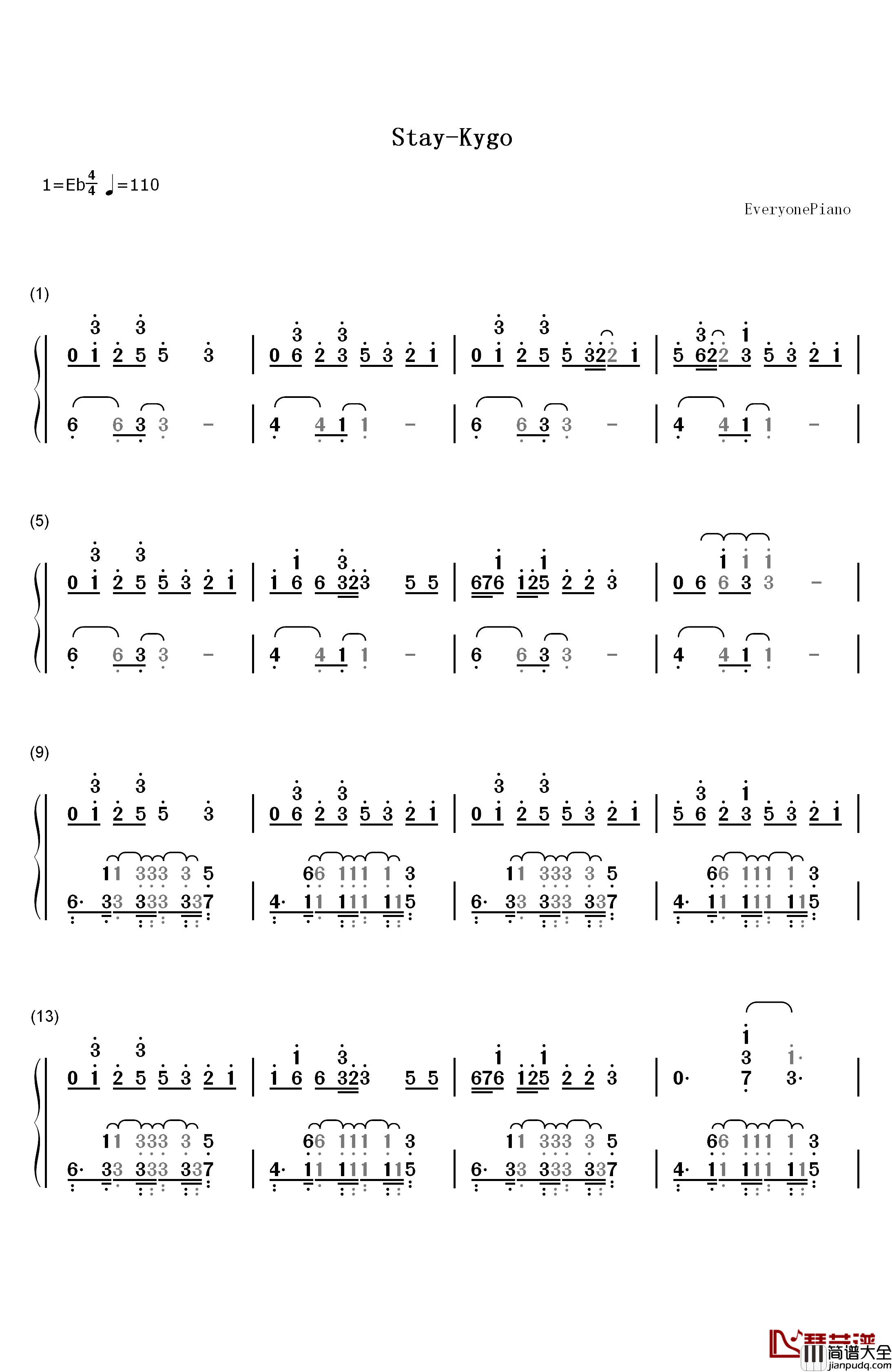 Stay钢琴简谱_数字双手_Kygo