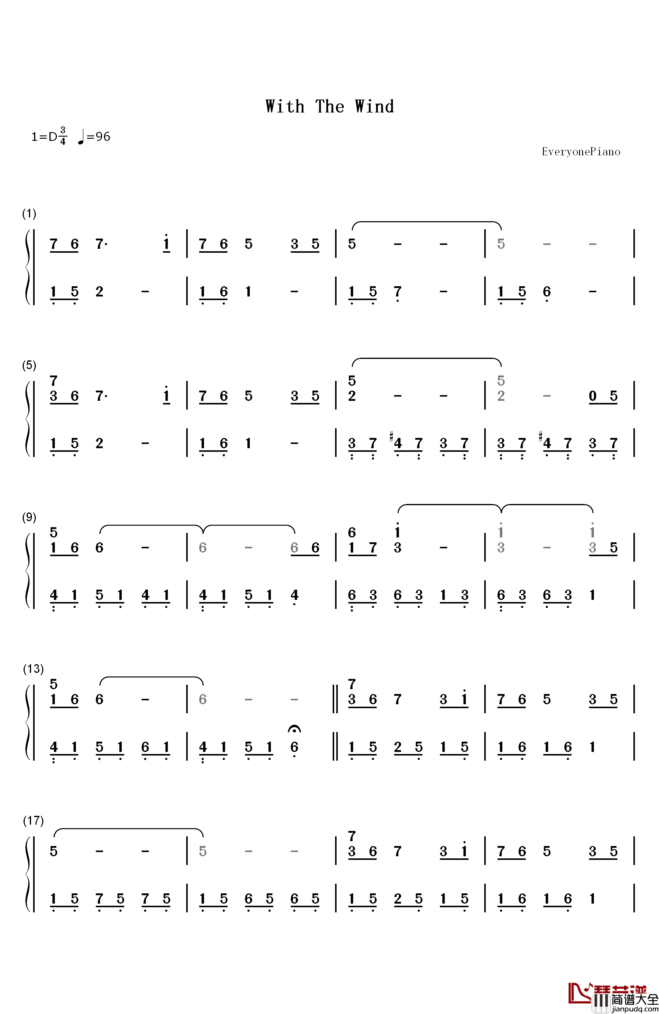 With_the_Wind钢琴简谱_数字双手_李闰珉