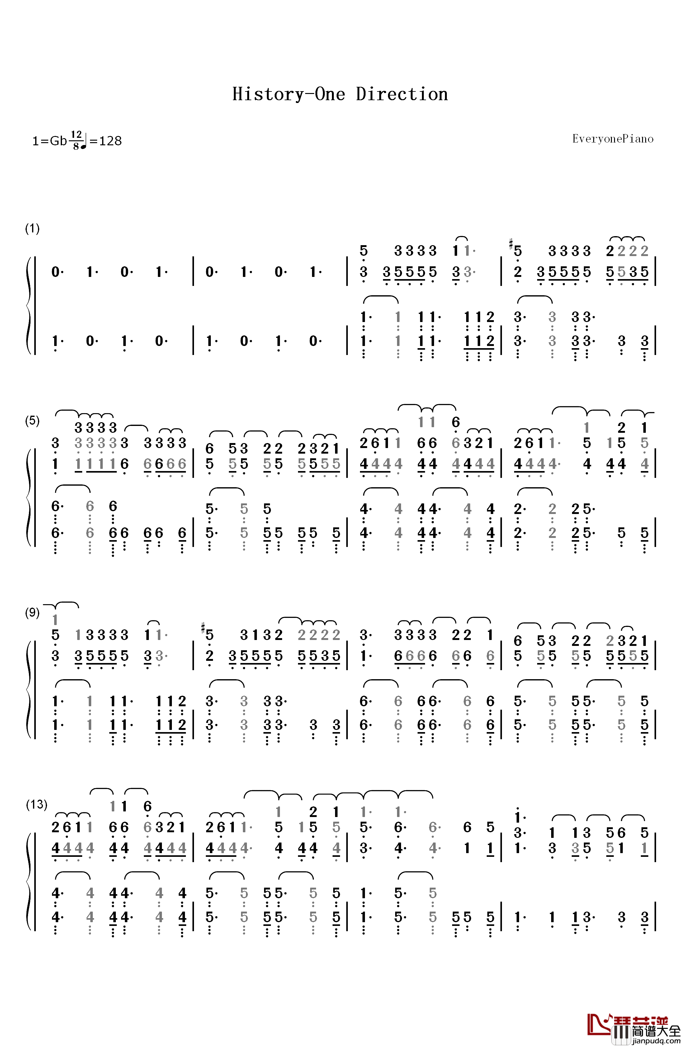 History钢琴简谱_数字双手_One_Direction