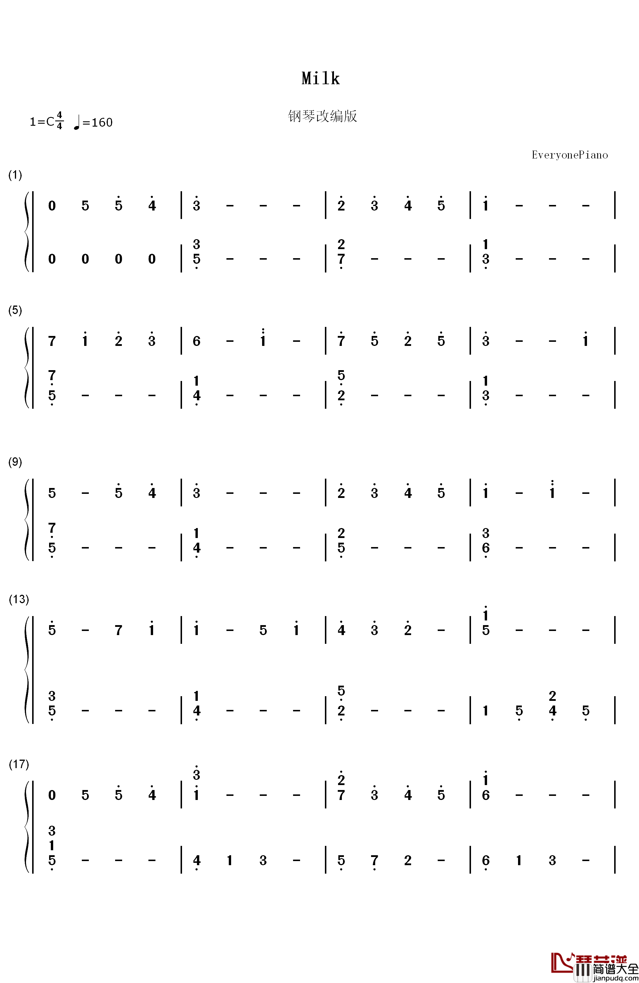 Milk钢琴简谱_数字双手_坂部刚