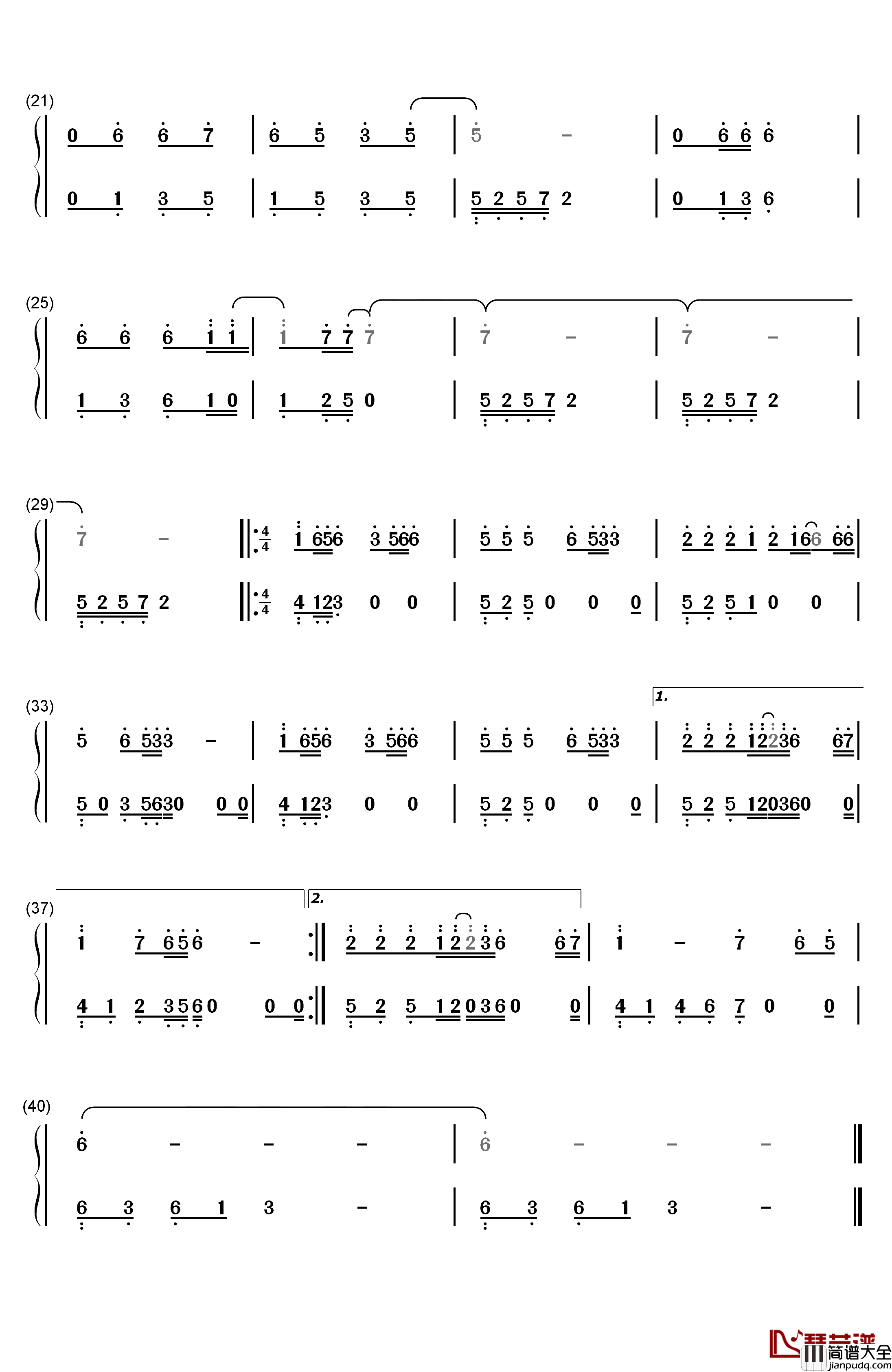 霸王别姬钢琴简谱_数字双手_屠洪刚