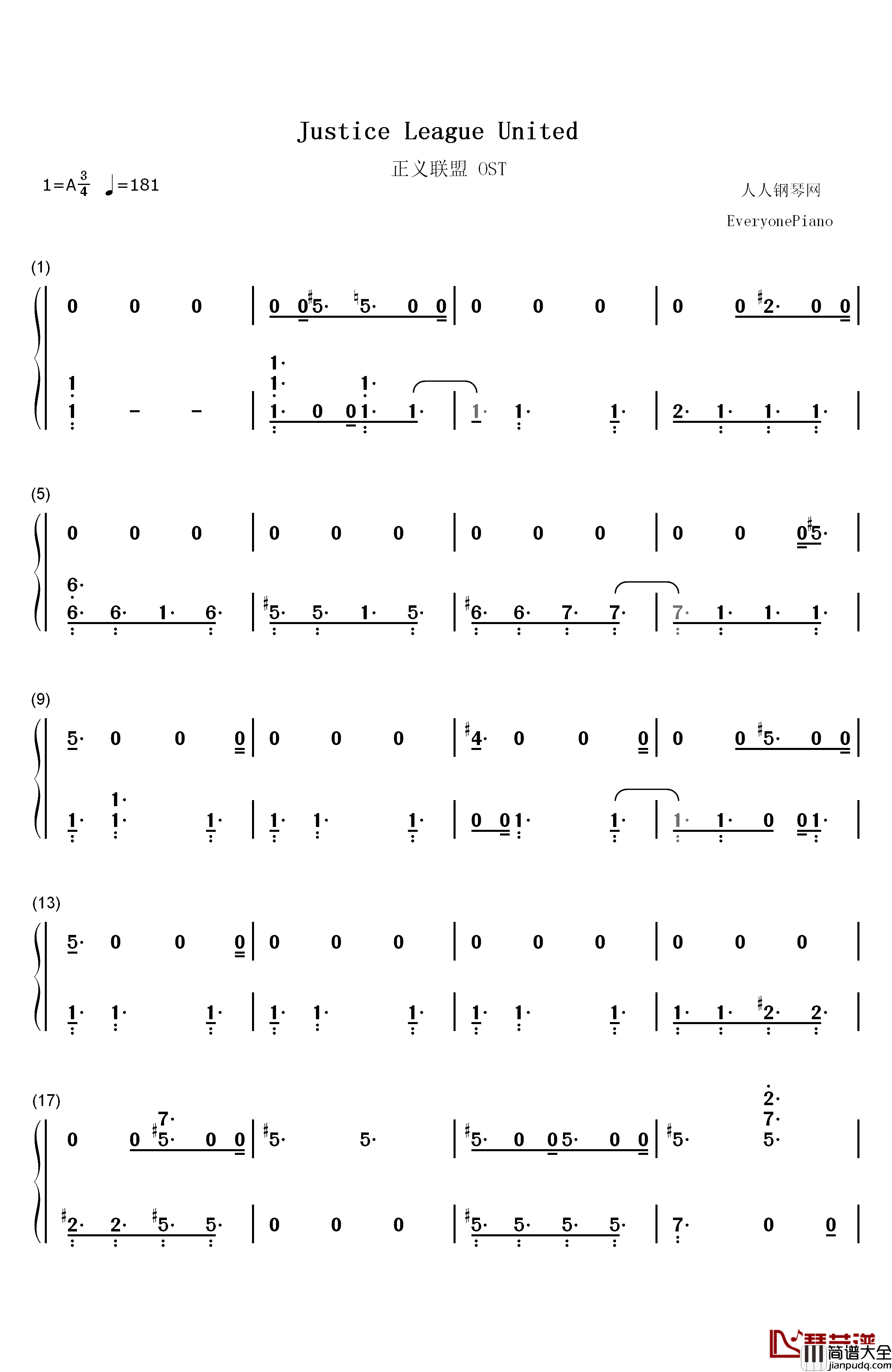 Justice_League_United钢琴简谱_数字双手_Danny_Elfman