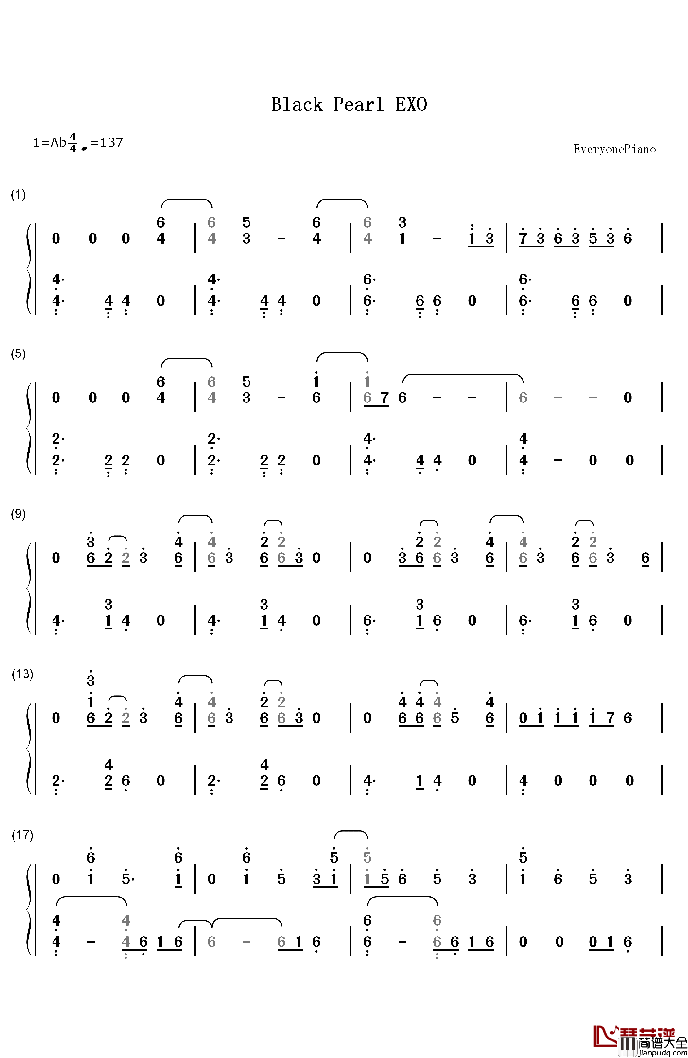 Black_Pearl钢琴简谱_数字双手_EXO