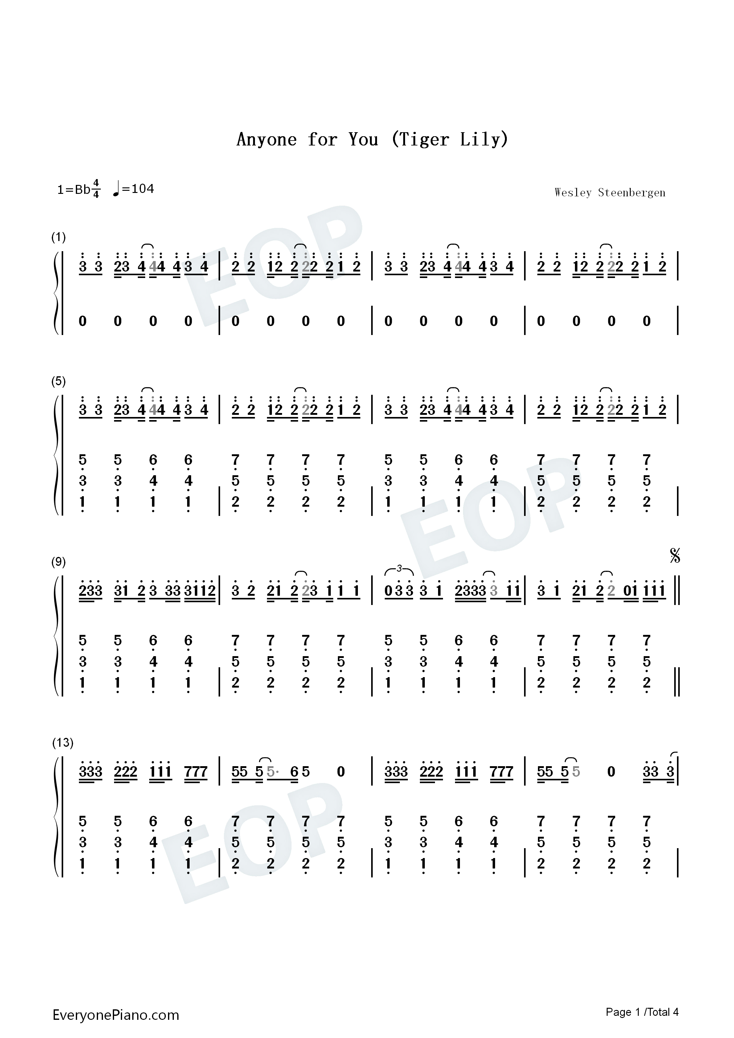 Anyone_for_You_Tiger_Lily钢琴简谱_George_Ezra演唱