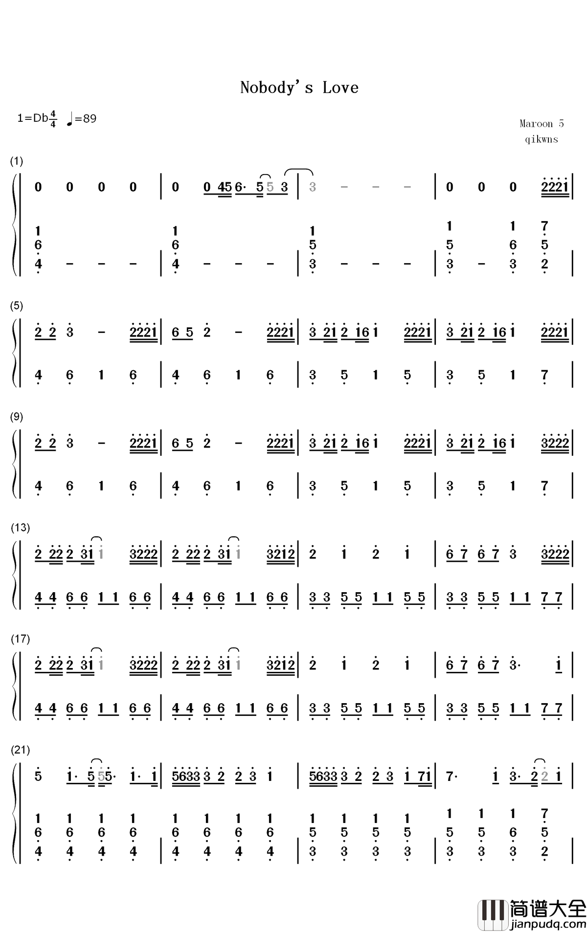 Nobodys_Love钢琴简谱_数字双手_Maroon_5