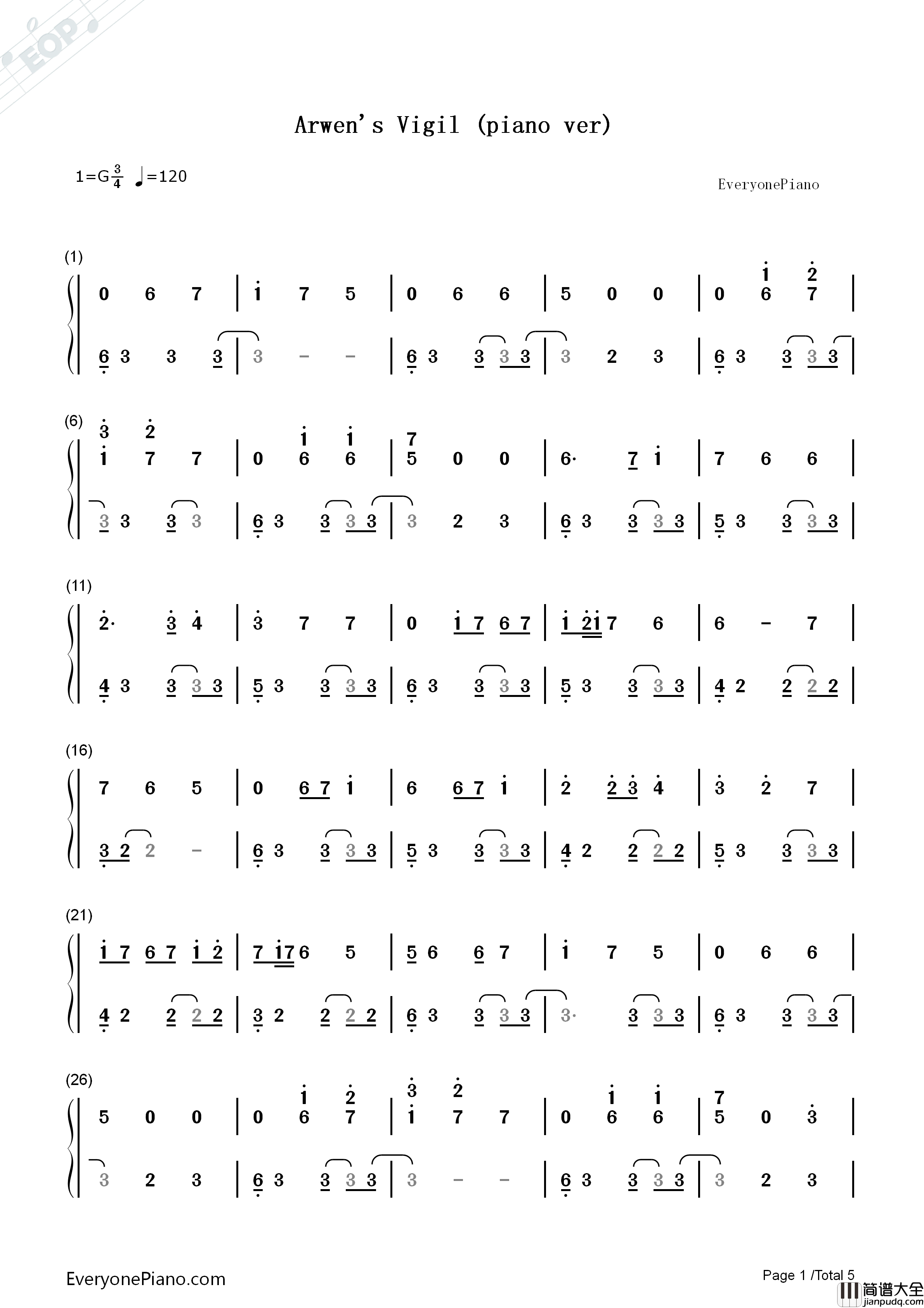 Arwen's_Vigil钢琴简谱_The_Piano_Guys演唱
