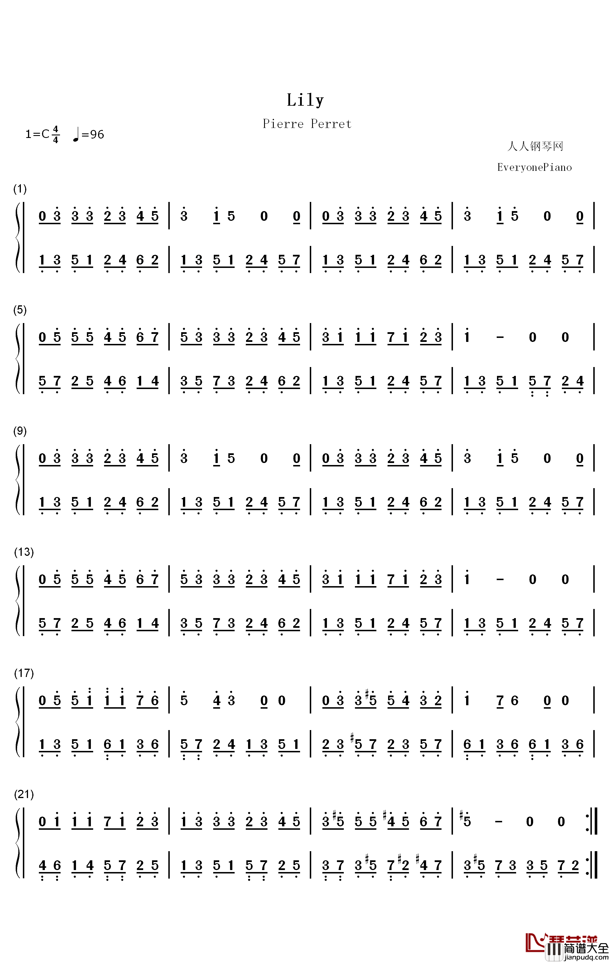 Lily钢琴简谱_数字双手_Pierre_Perret