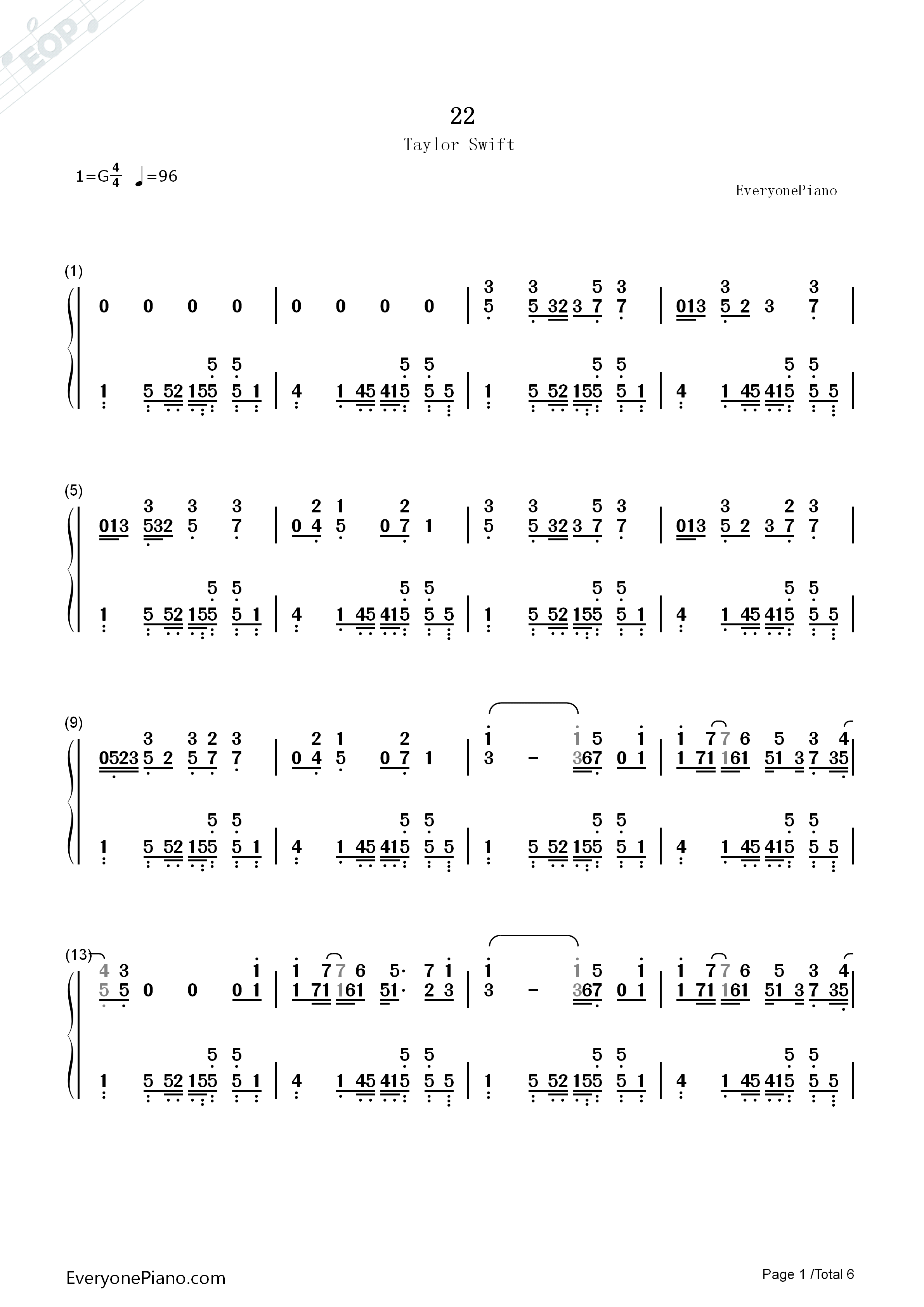 22钢琴简谱_Taylor_Swift演唱