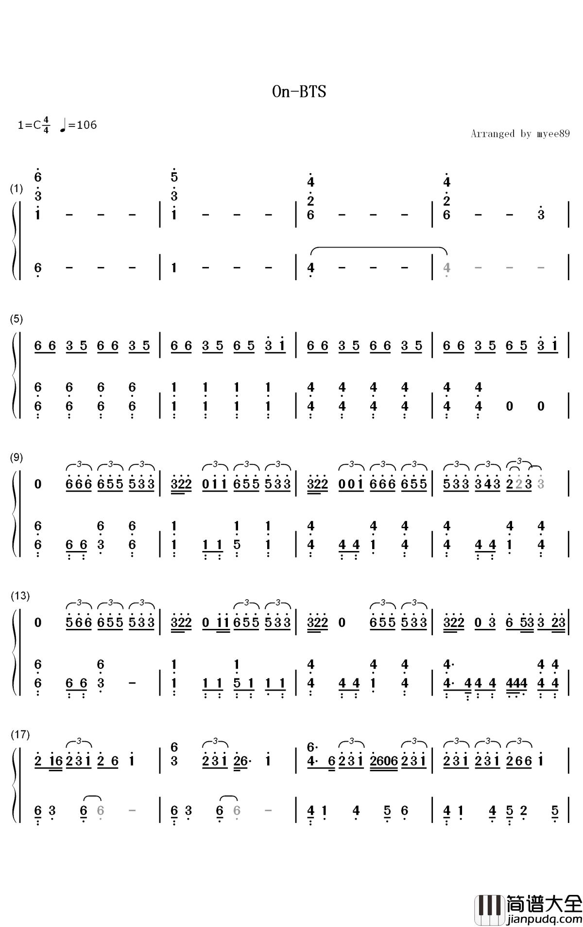 ON简谱_防弹少年团歌曲_数字双手曲谱