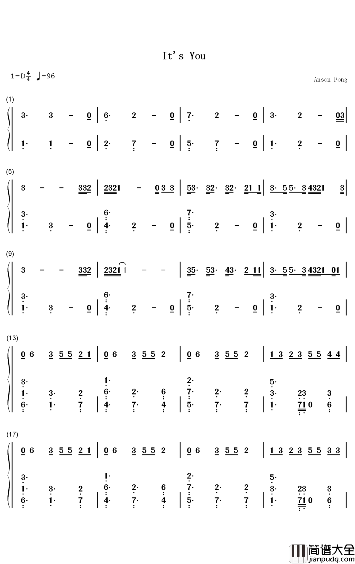 Its_You钢琴简谱_数字双手_Ali_Gatie