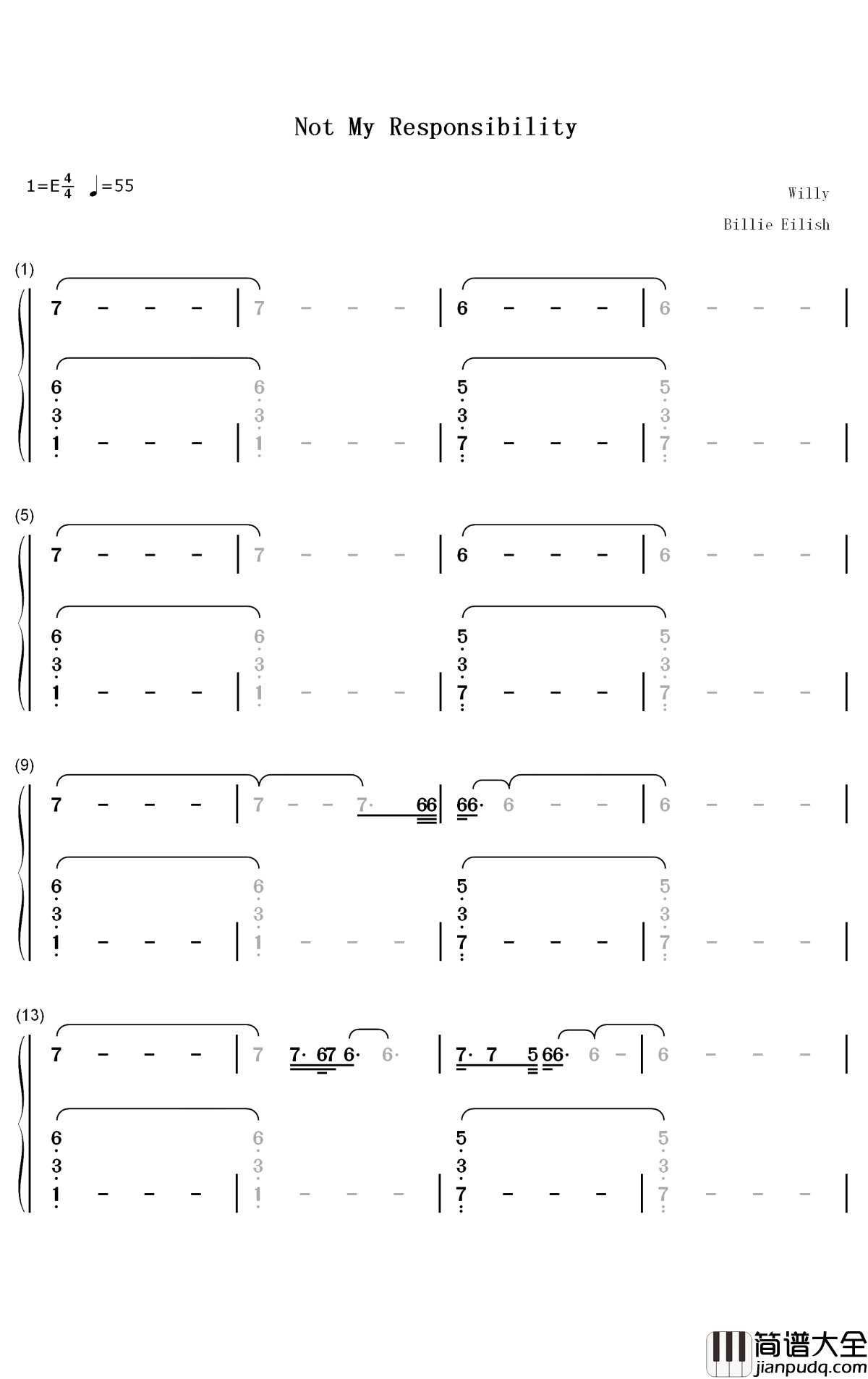 Not_My_Responsibility钢琴简谱_数字双手_Billie_Eilish