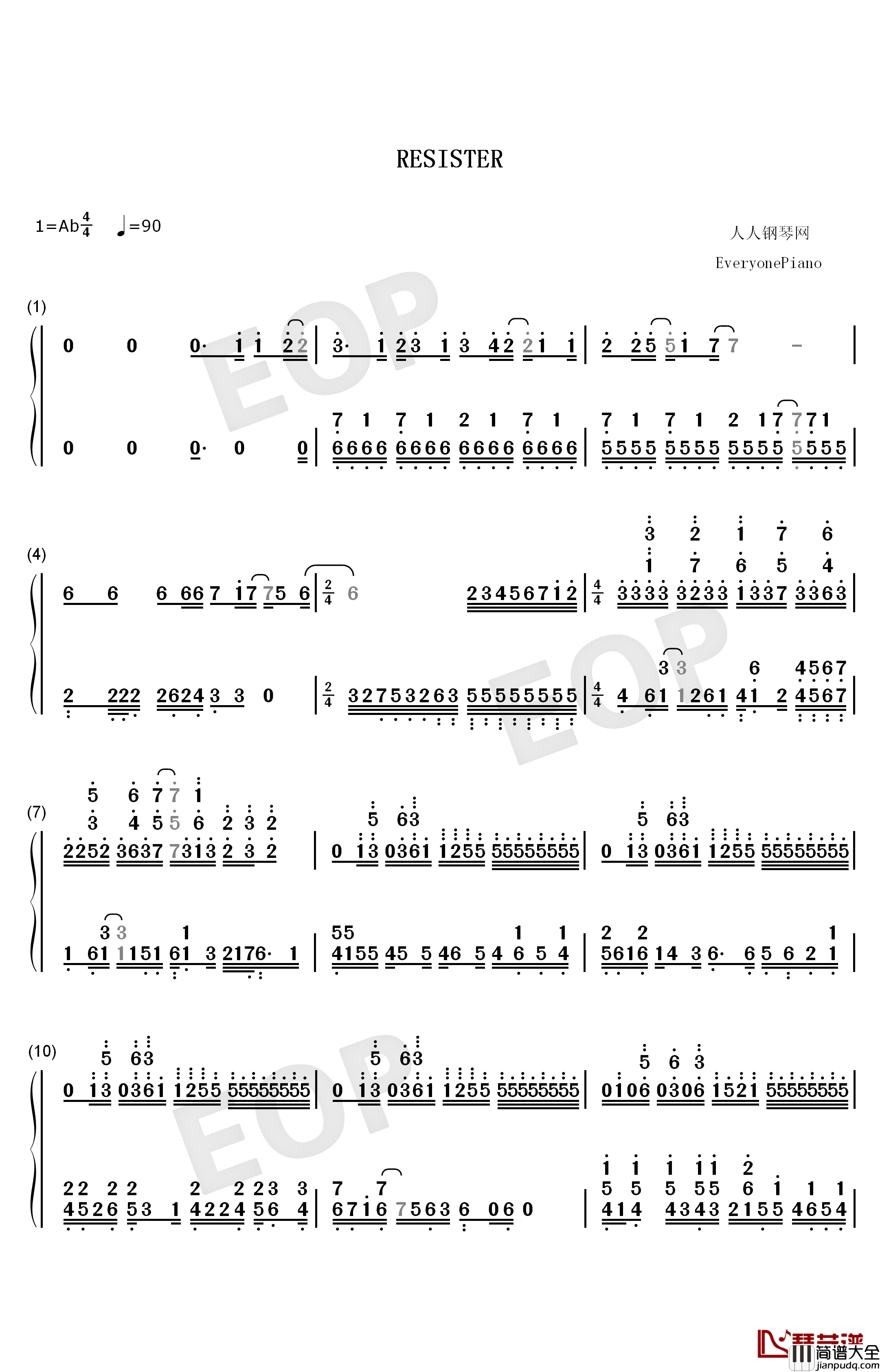 Resister钢琴简谱_数字双手_ASCA