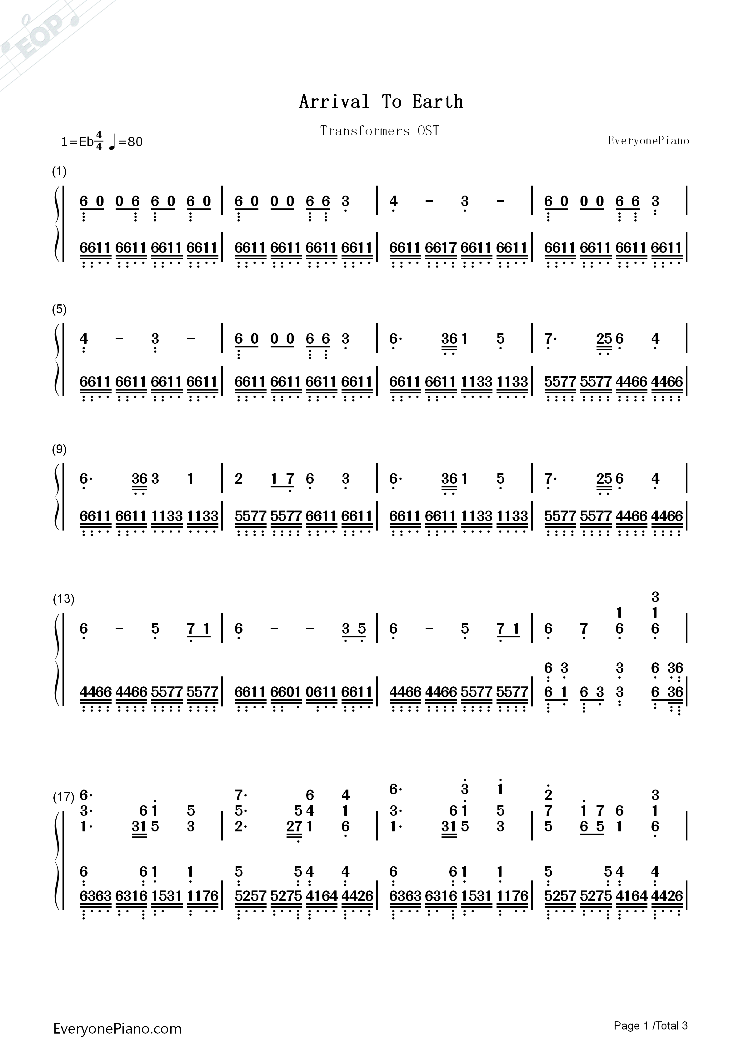 Arrival_To_Earth钢琴简谱_Steve_Jablonsky演唱