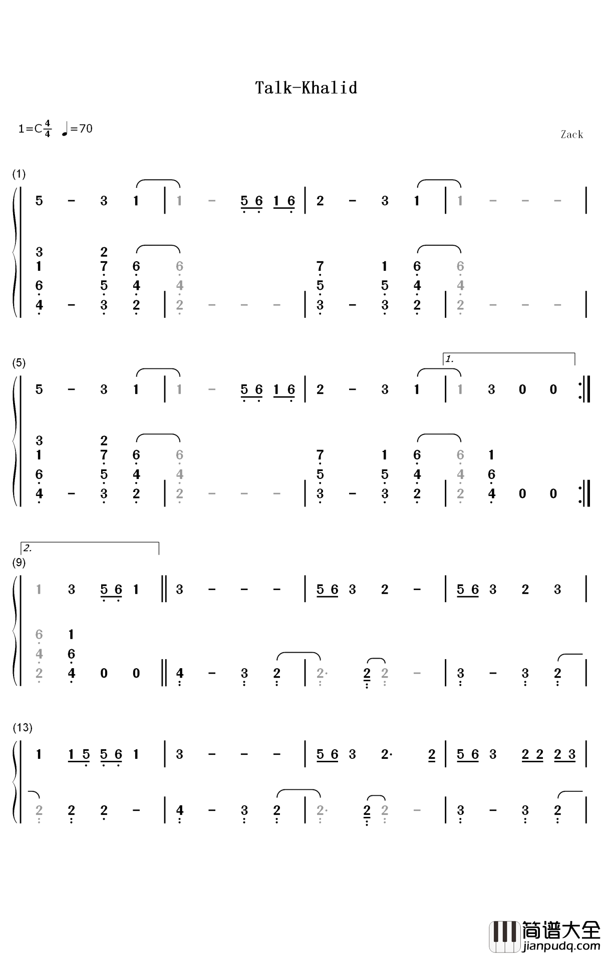 Talk钢琴简谱_数字双手_Khalid