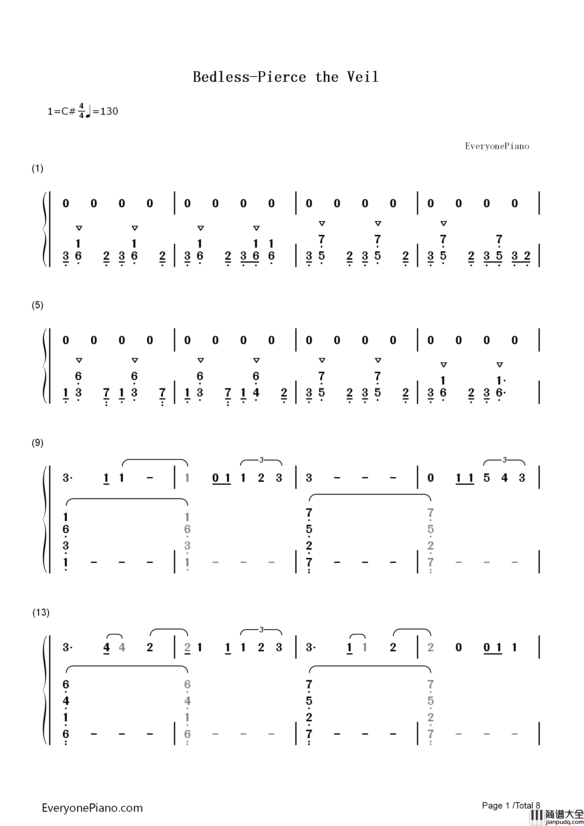 Bedless钢琴简谱_Pierce_the_Veil演唱