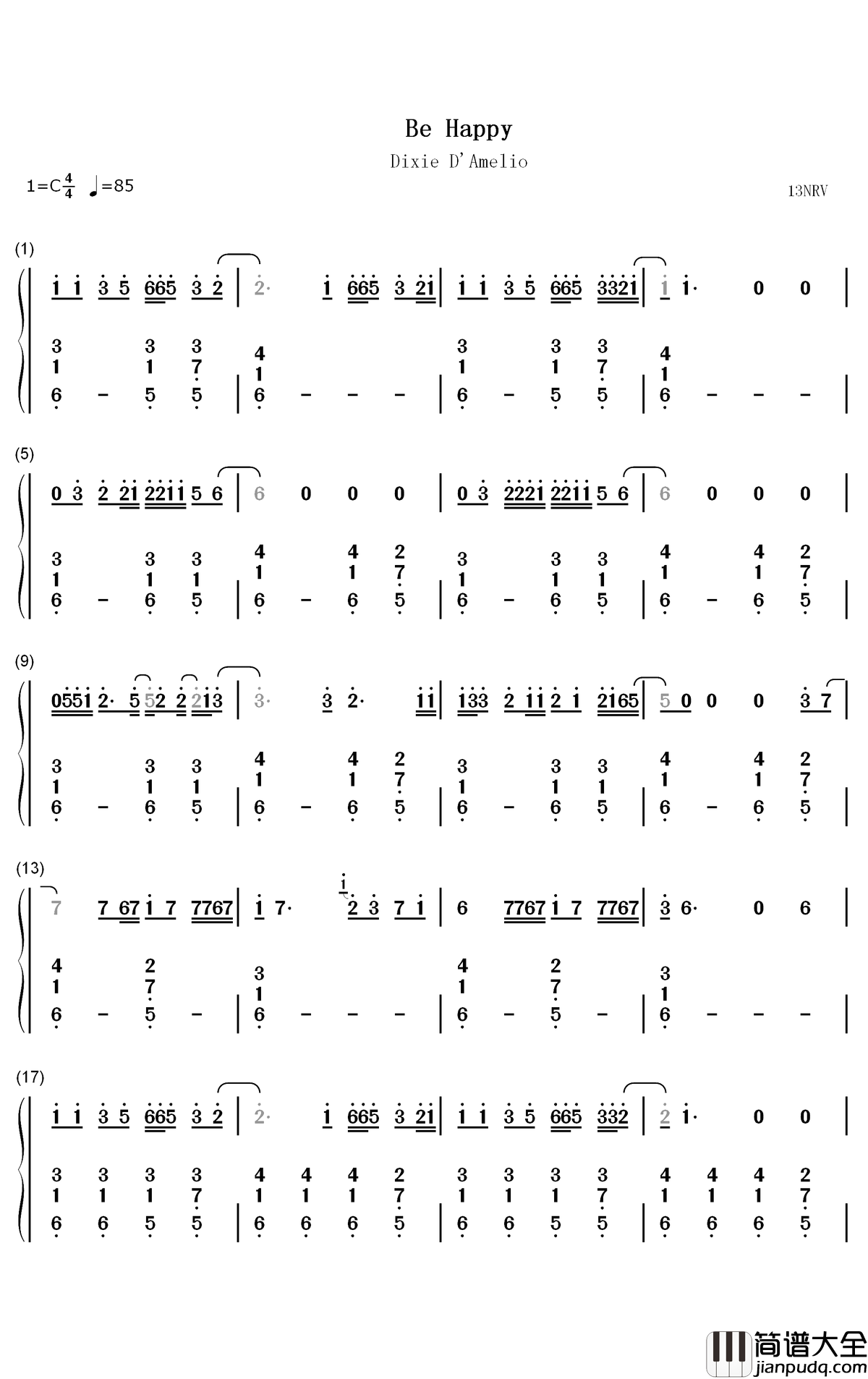 Be_Happy钢琴简谱_数字双手_Dixie_D'Amelio
