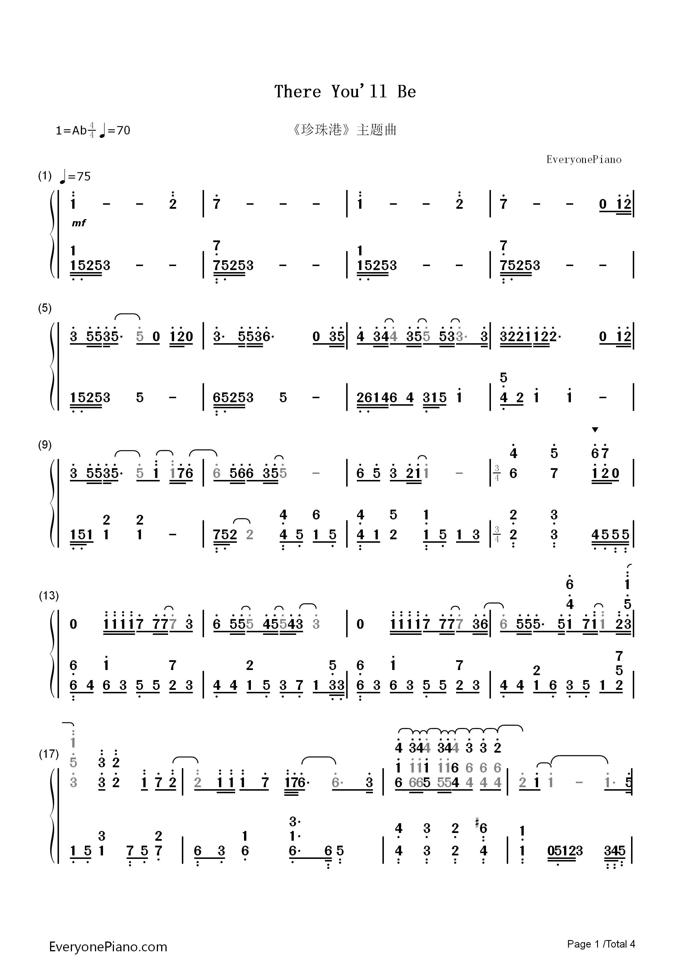 There_You'll_Be钢琴简谱_Faith_Hill演唱