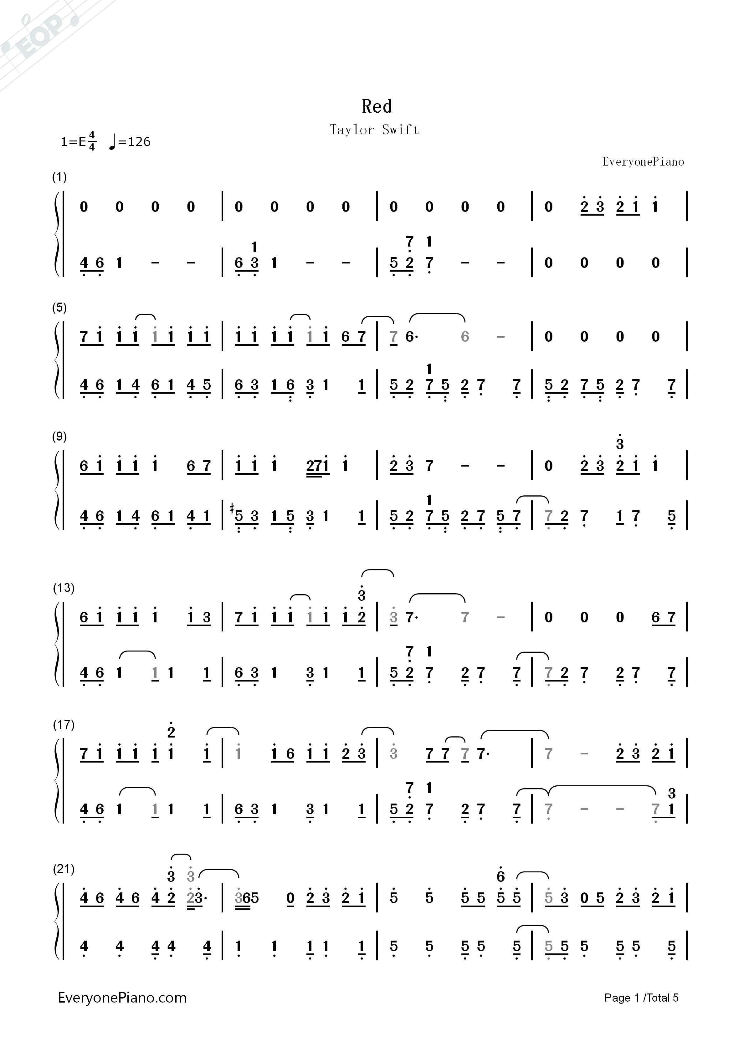 Red钢琴简谱_Taylor_Swift演唱