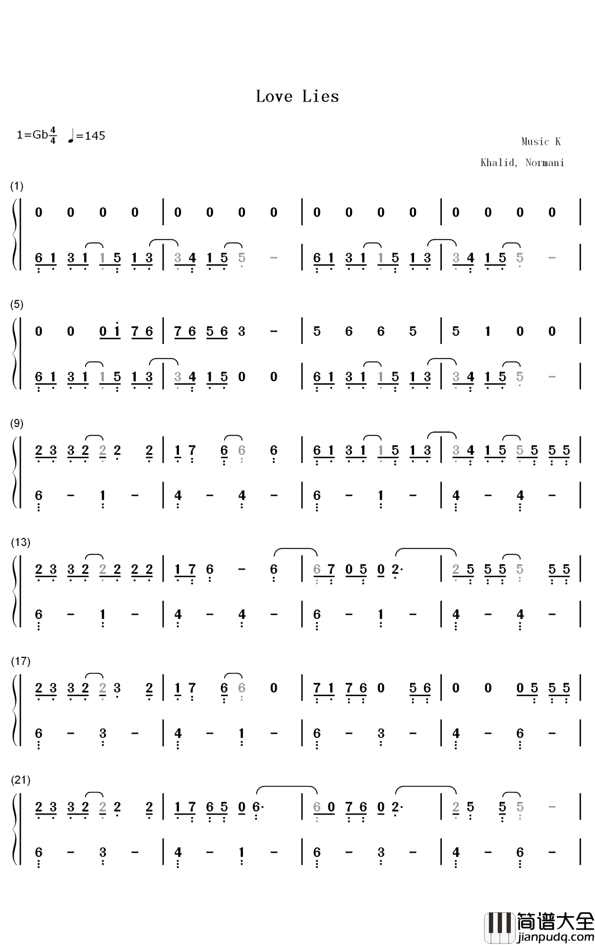 Love_Lies钢琴简谱_数字双手_Khalid_Normani