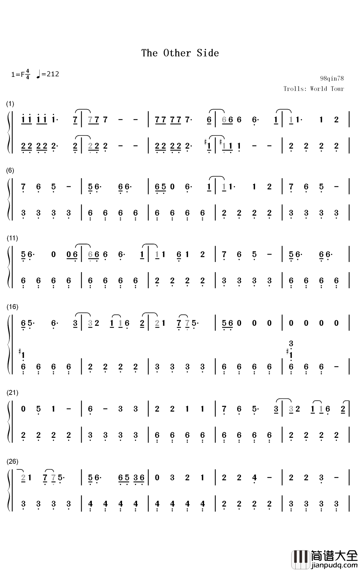 The_Other_Side钢琴简谱_数字双手_SZA_Justin_Timberlake