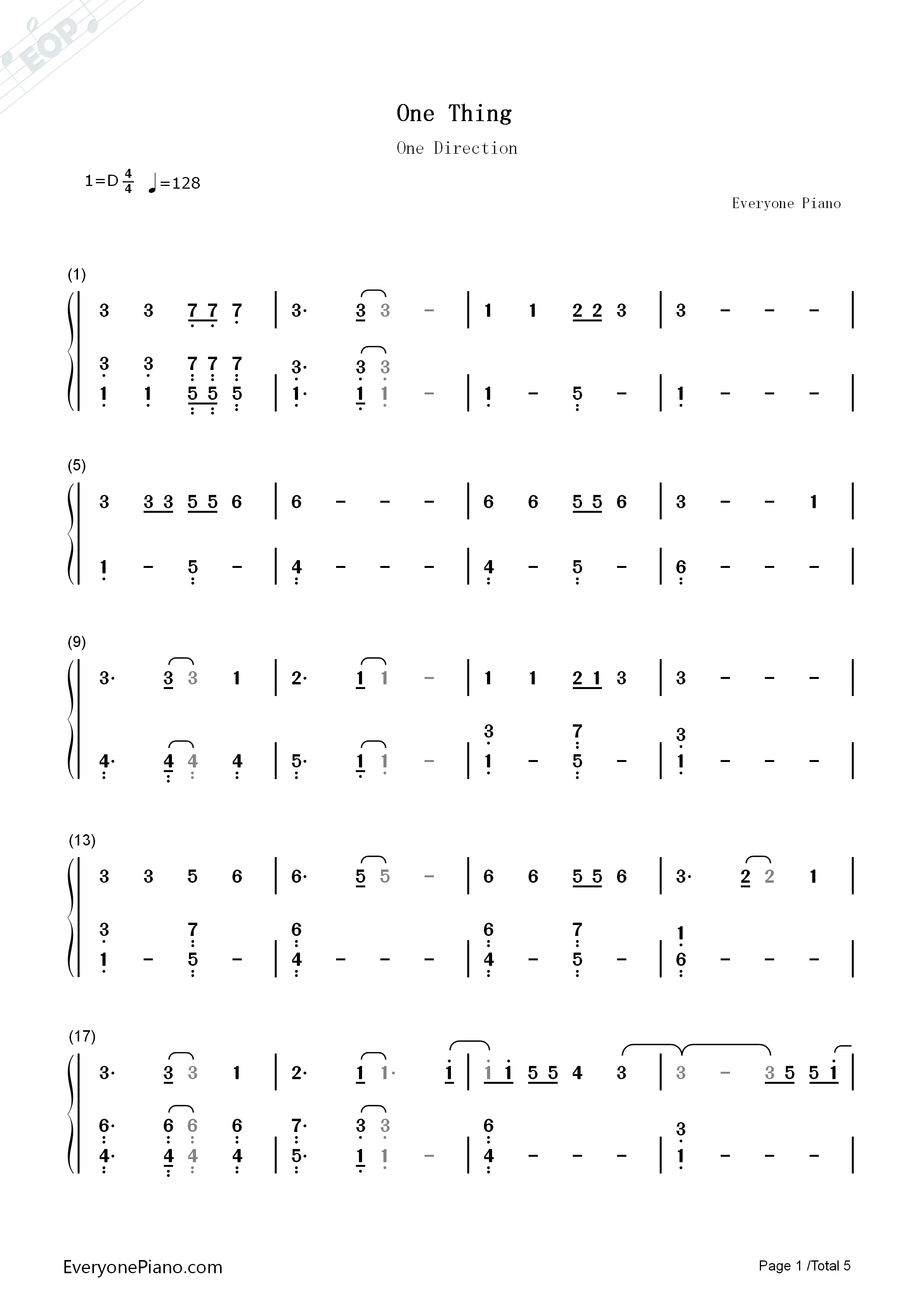 One_Thing钢琴简谱_One_Direction演唱