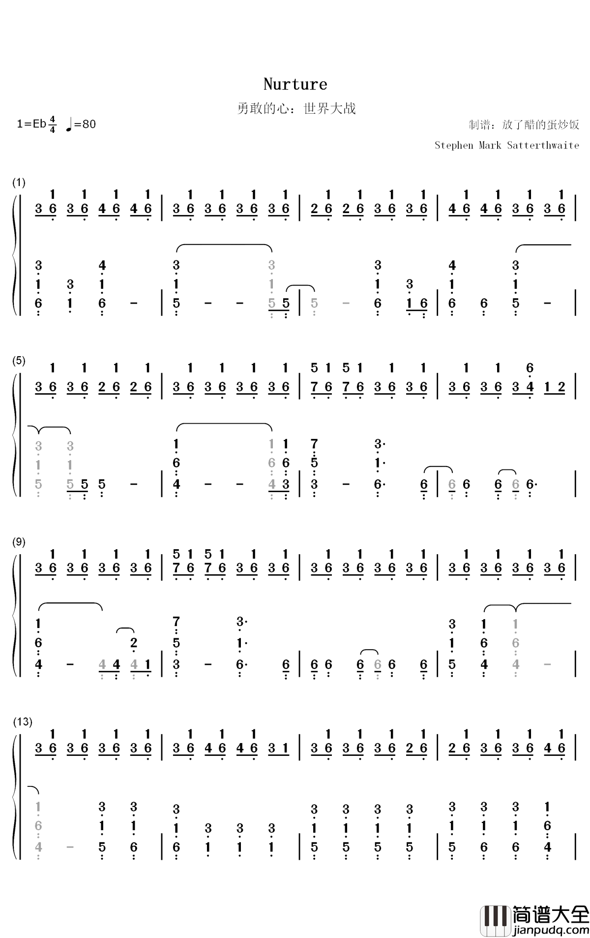 Nurture钢琴简谱_数字双手_Stephen_Mark_Satterthwaite