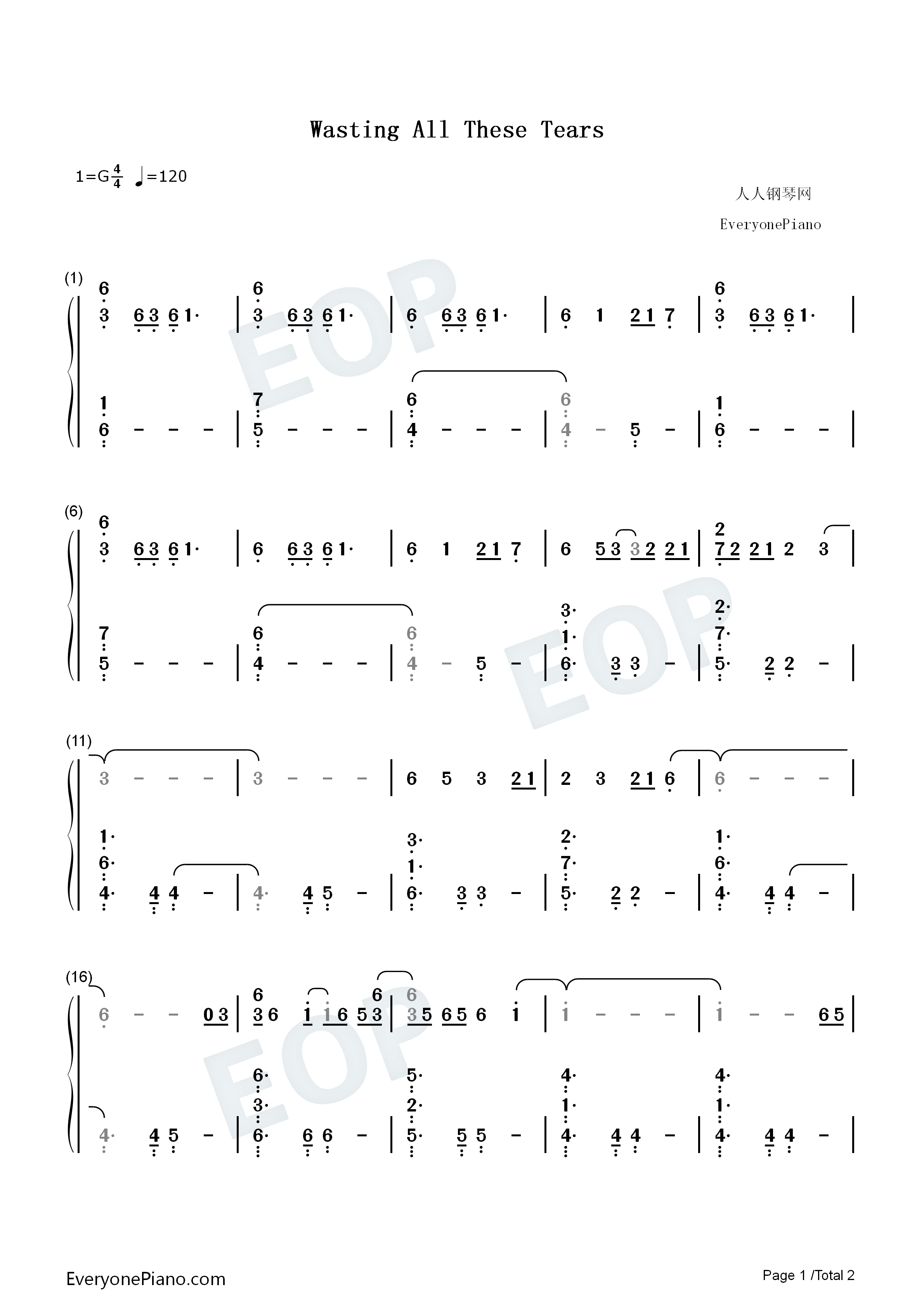Wasting_All_These_Tears钢琴简谱_Cassadee_Pope演唱