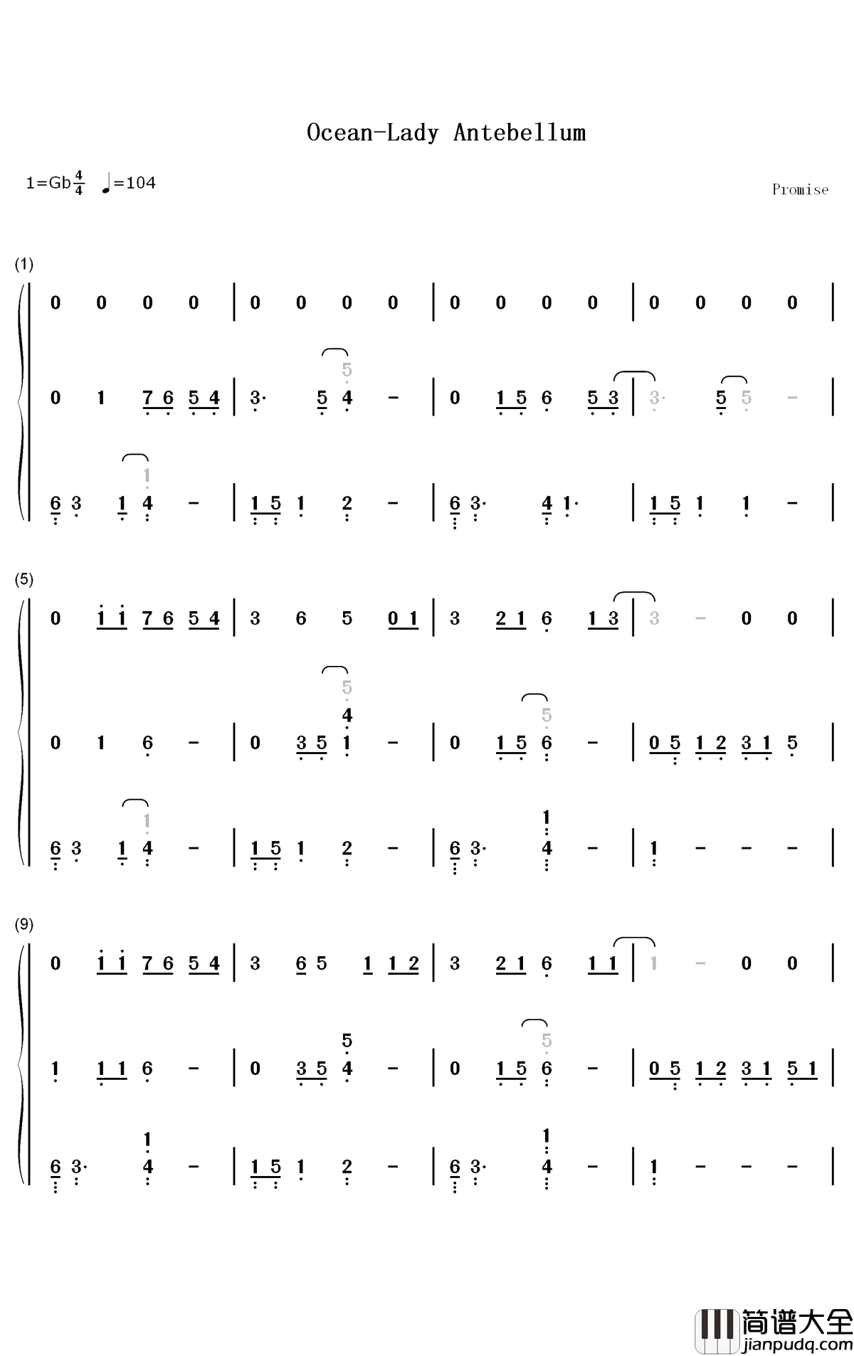 Ocean简谱_Lady_Antebellum歌曲_数字双手曲谱