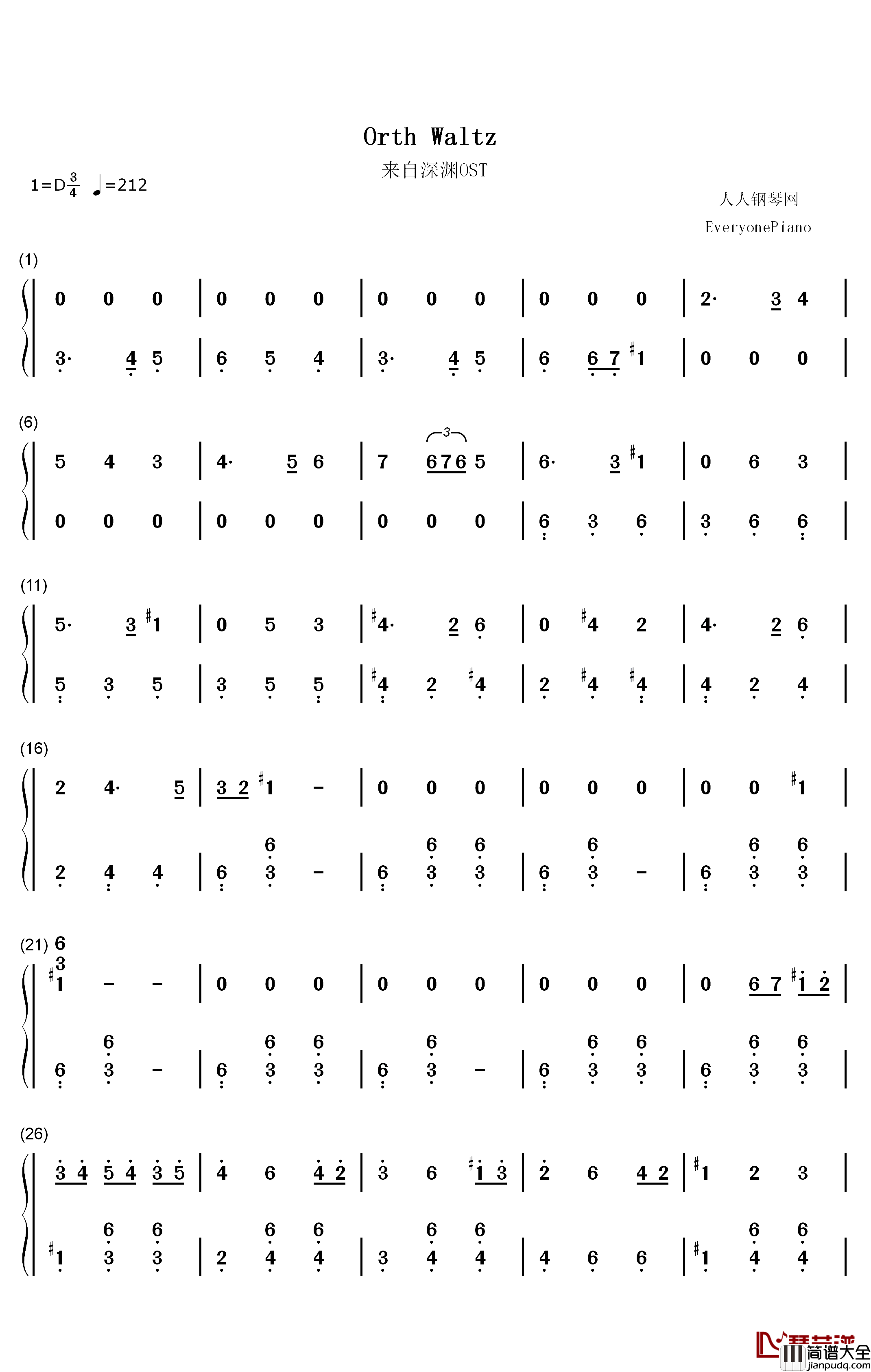 Orth_Waltz钢琴简谱_数字双手_Kevin_Penkin
