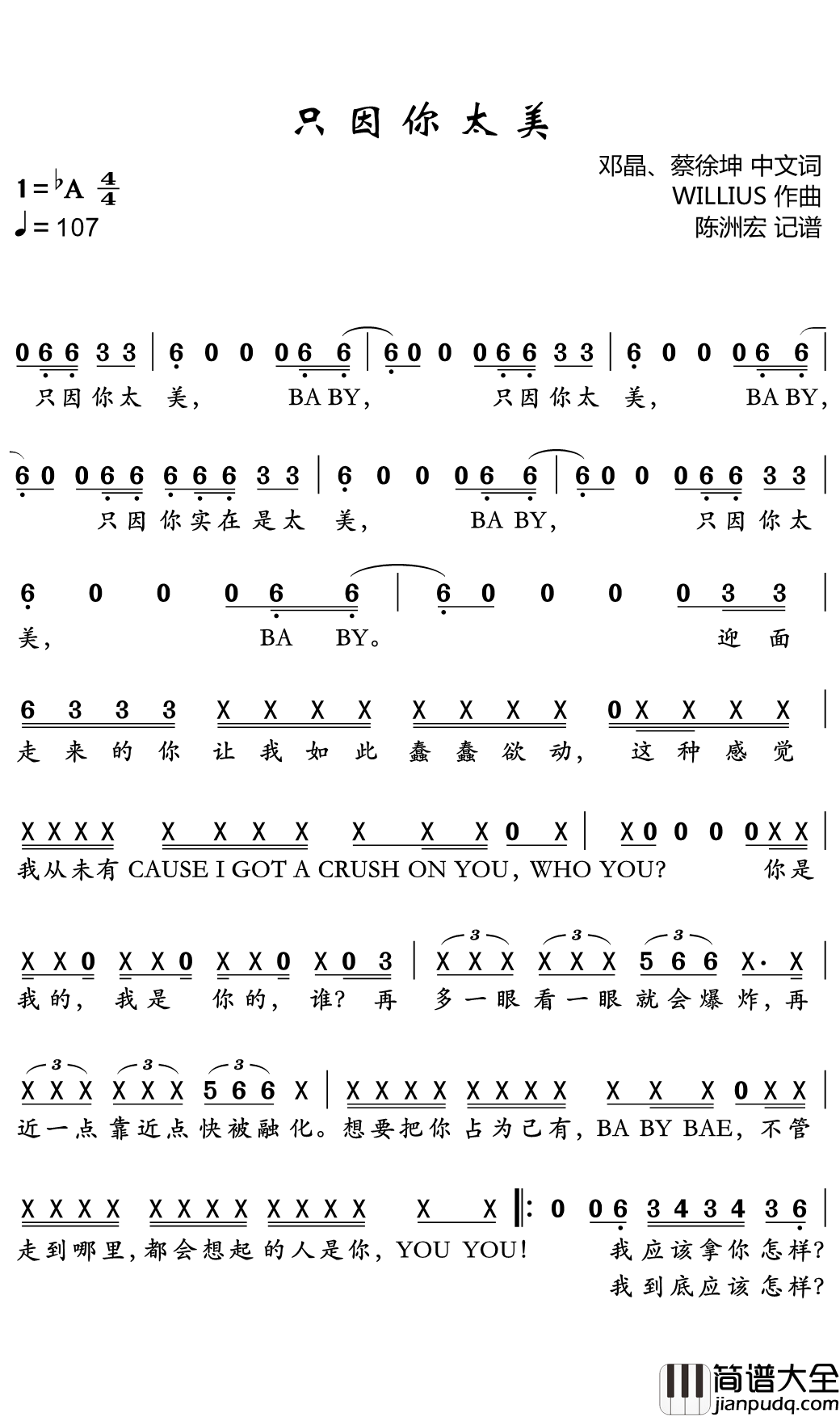 只因你太美简谱(歌词)_S_WIN/蔡徐坤演唱_陈洲宏记谱