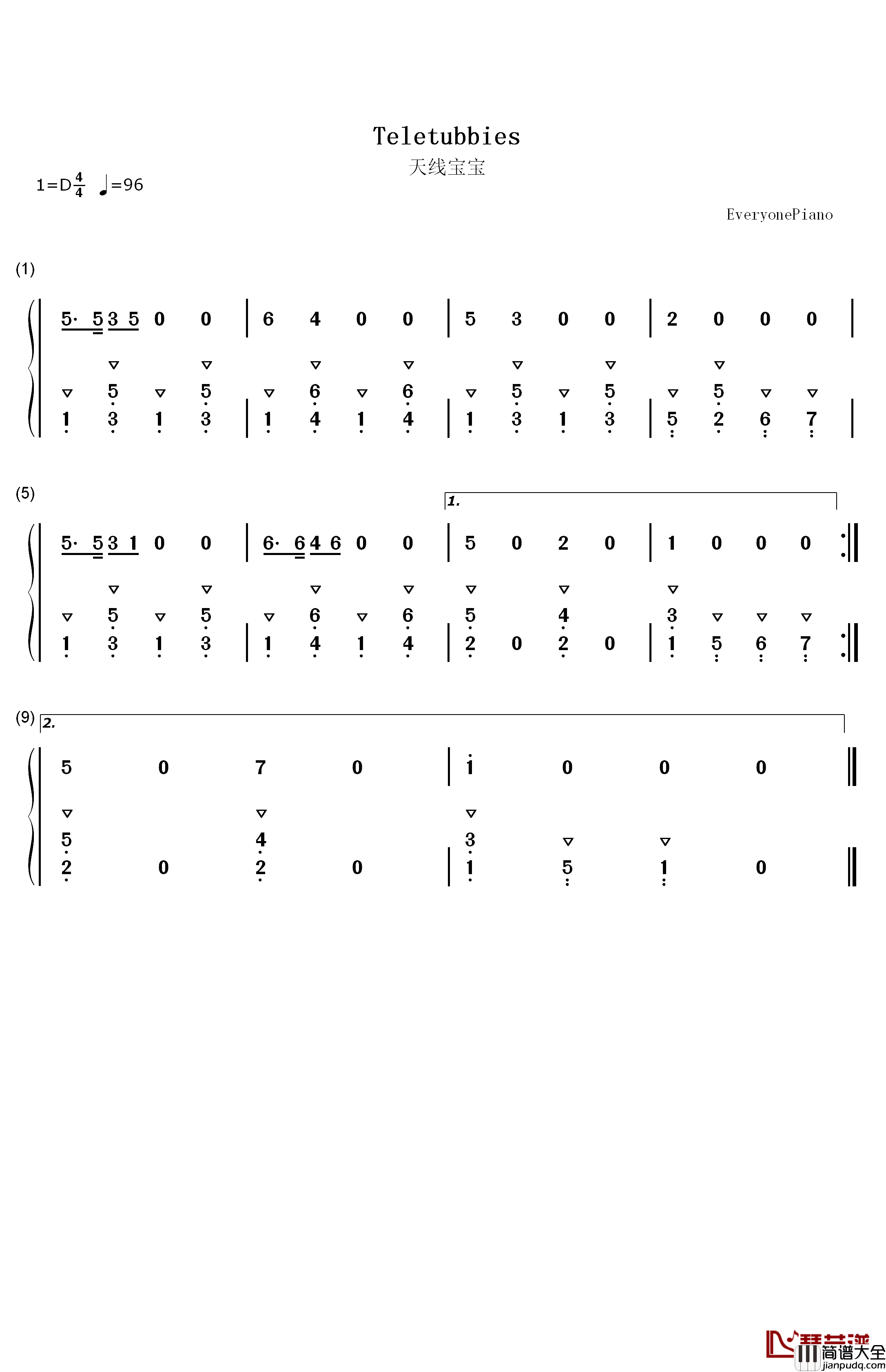 天线宝宝钢琴简谱_数字双手_未知
