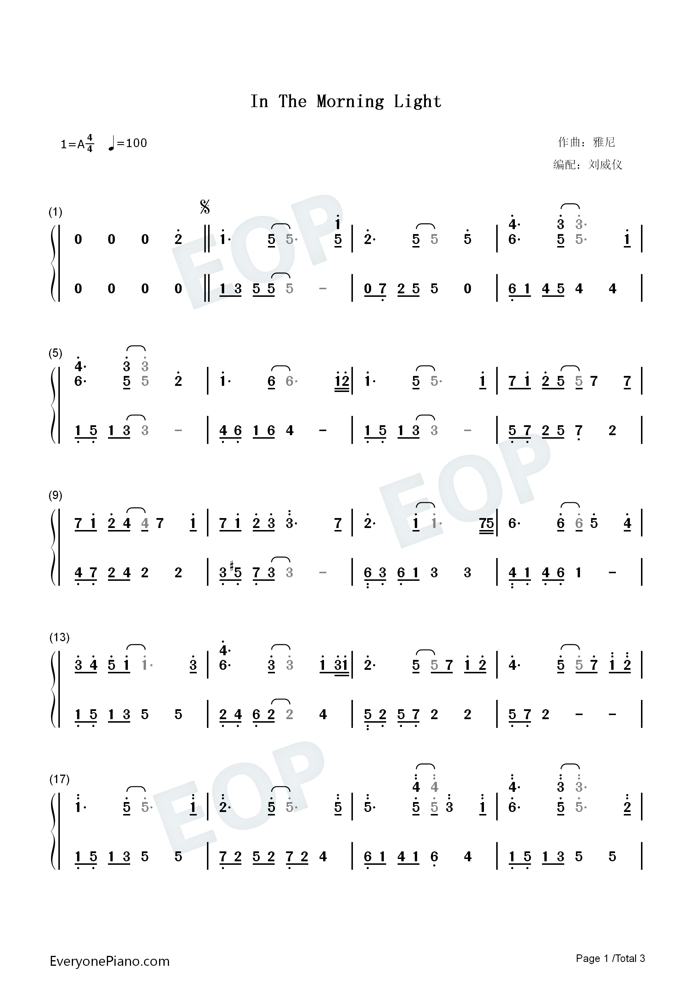 In_The_Morning_Light钢琴简谱_雅尼（Yanni）演唱