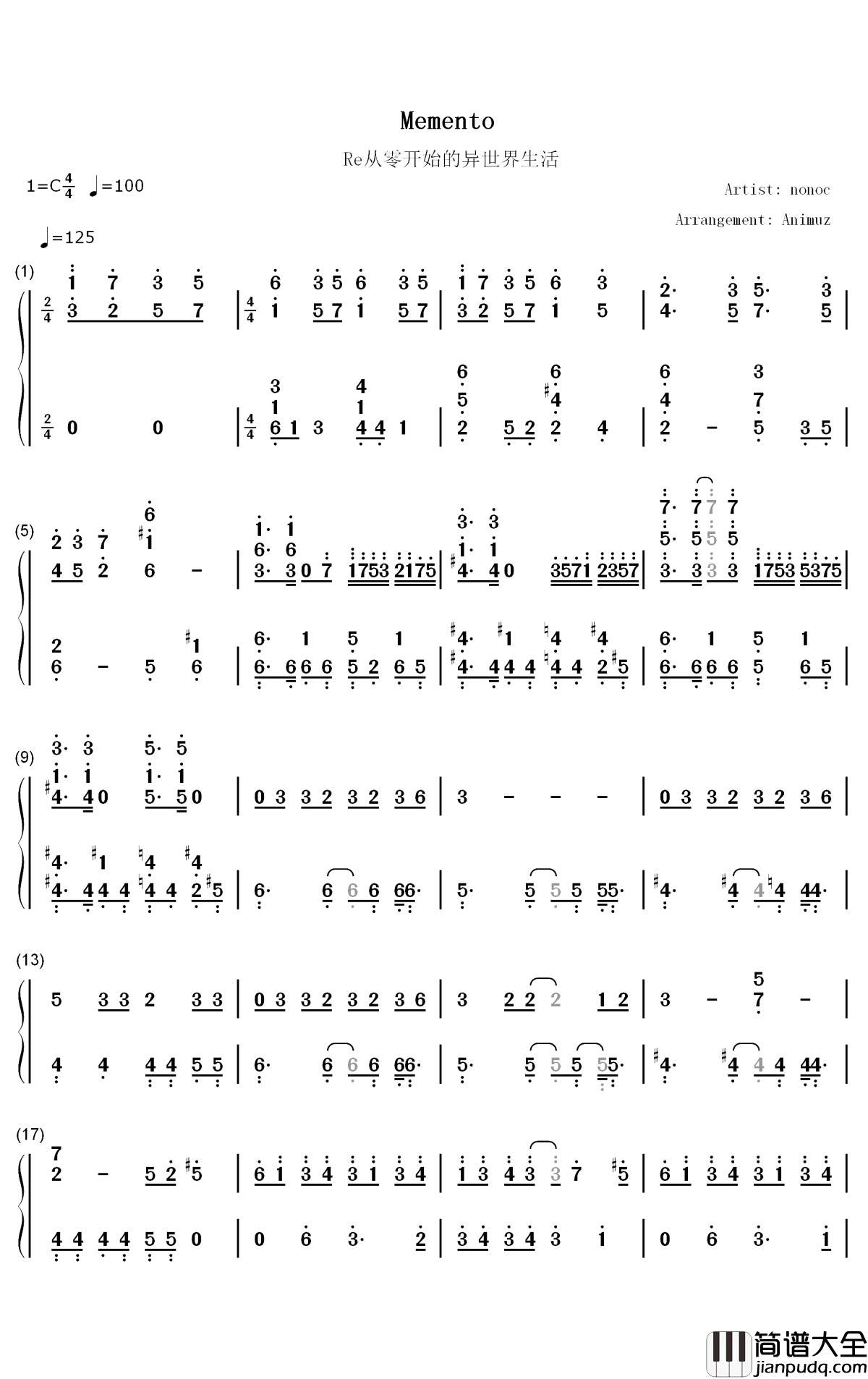 Memento钢琴简谱_数字双手_Nonoc