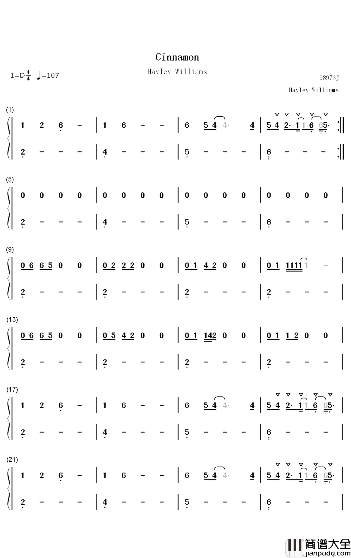 Cinnamon钢琴简谱_数字双手_Hayley_Williams