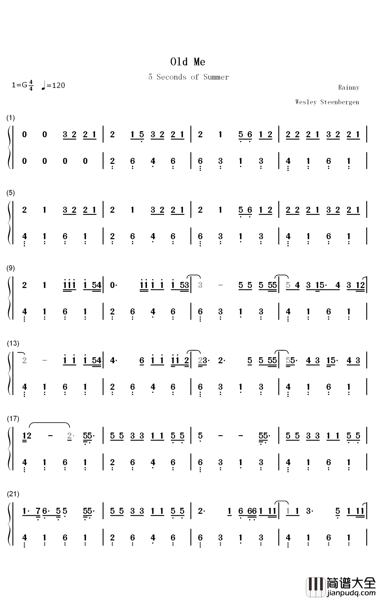 Old_Me钢琴简谱_5_Seconds_of_Summer歌曲_数字双手曲谱