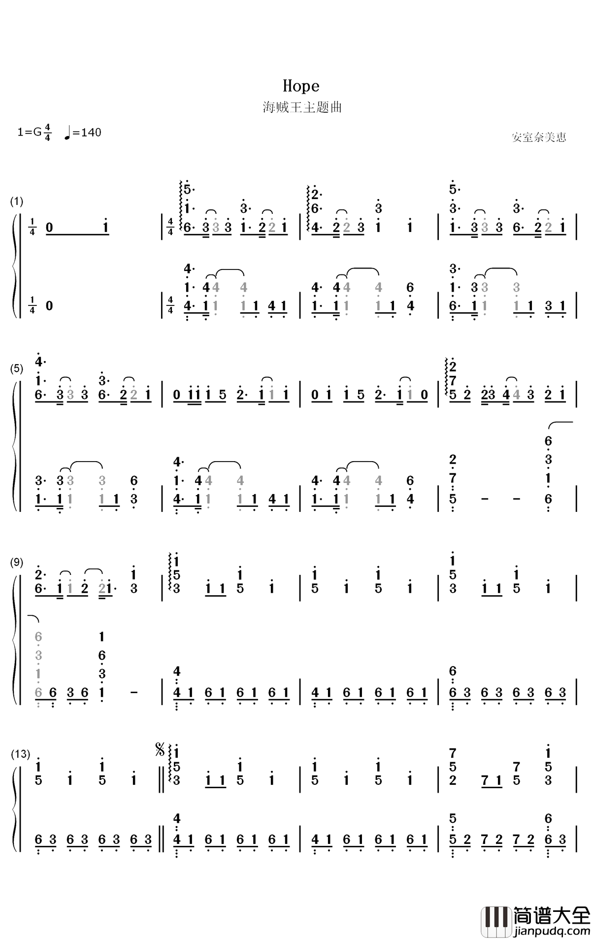 Hope钢琴简谱_数字双手_安室奈美惠